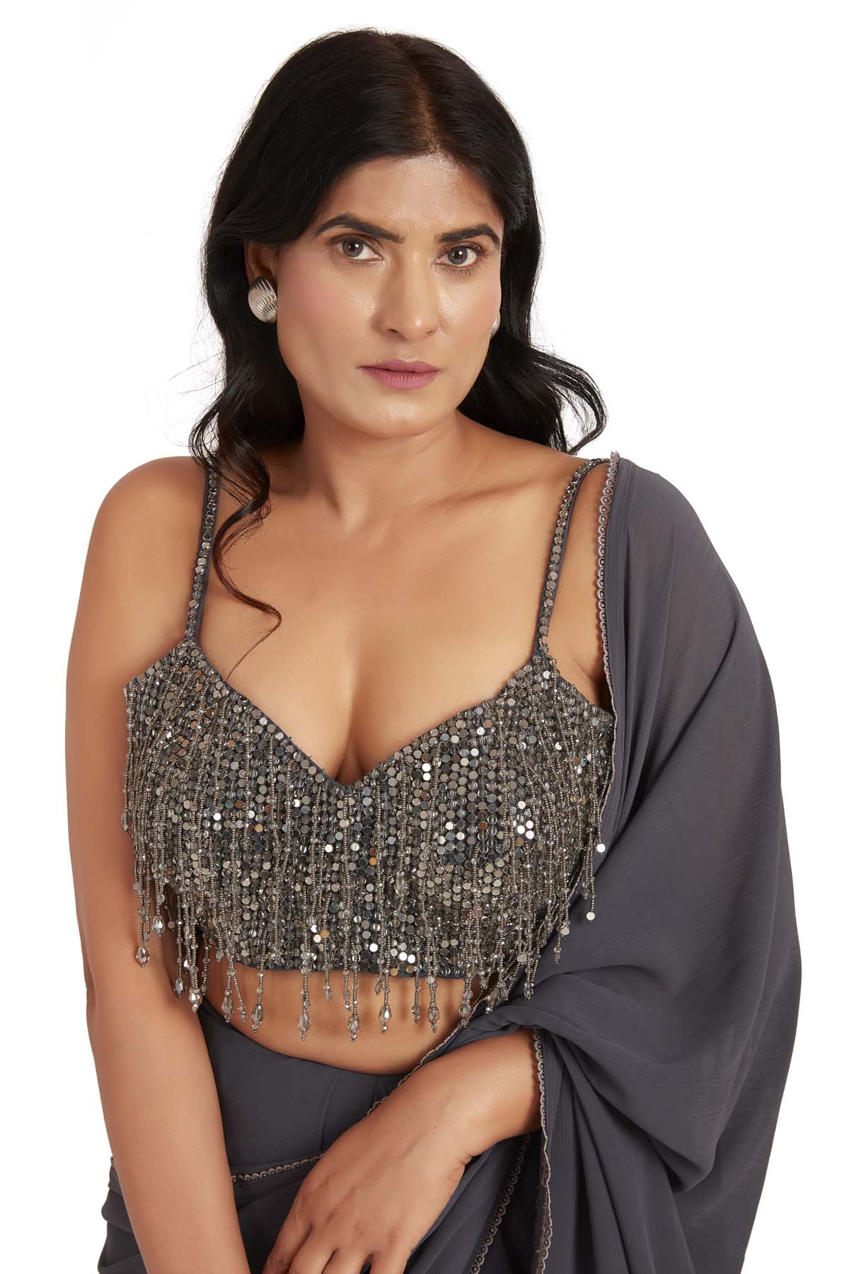 Grey Embroidered Saree & Blouse