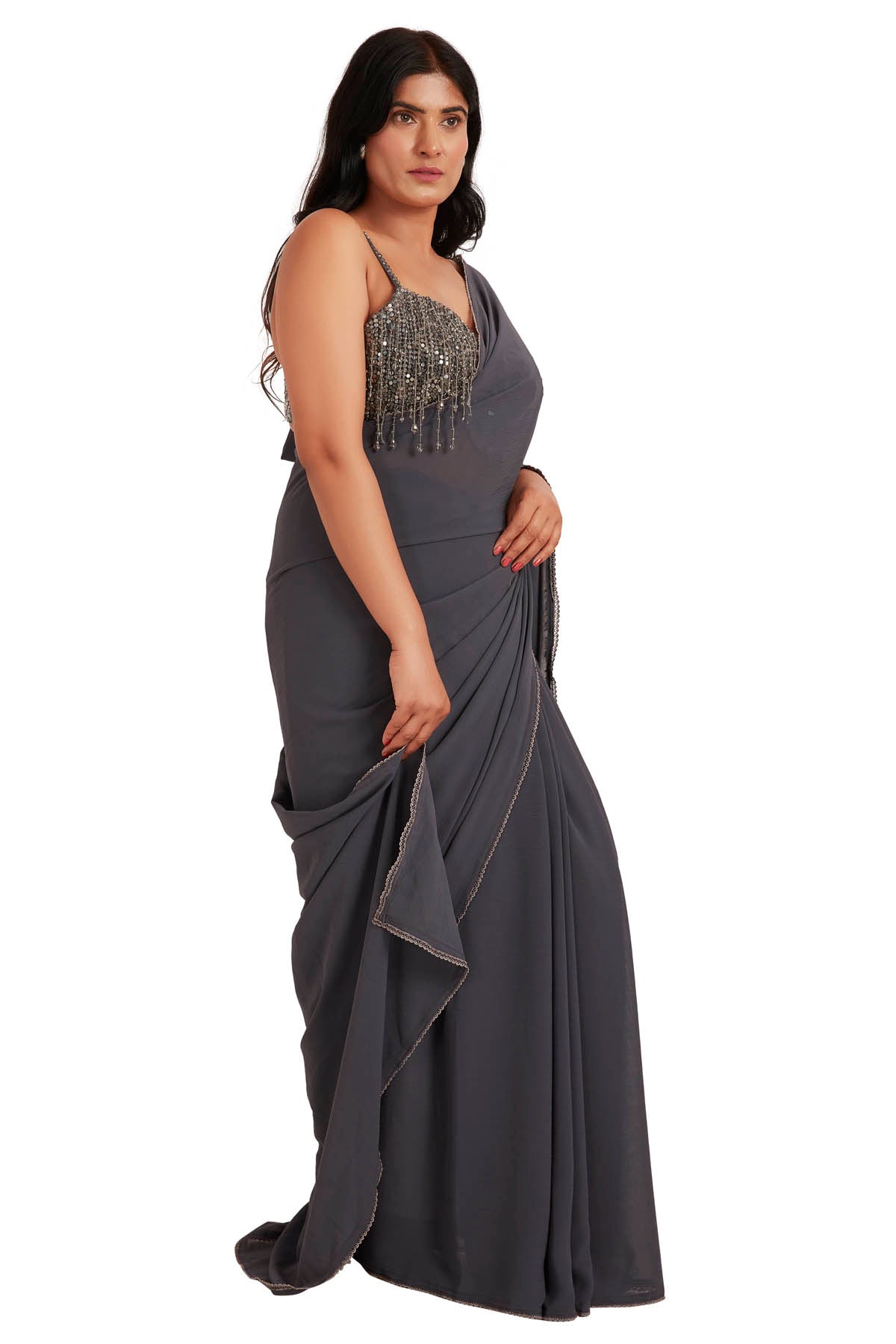 Grey Embroidered Saree & Blouse