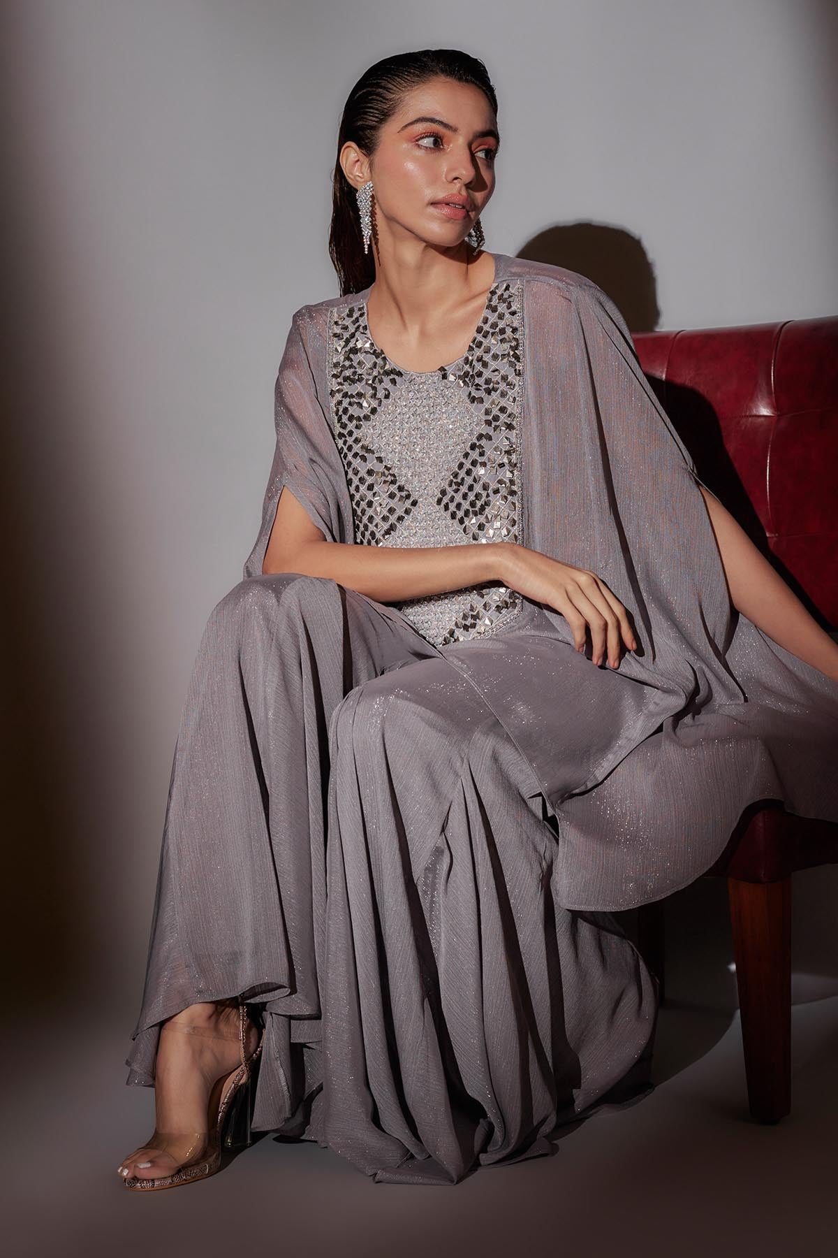 Grey Embroidered Sharara Set