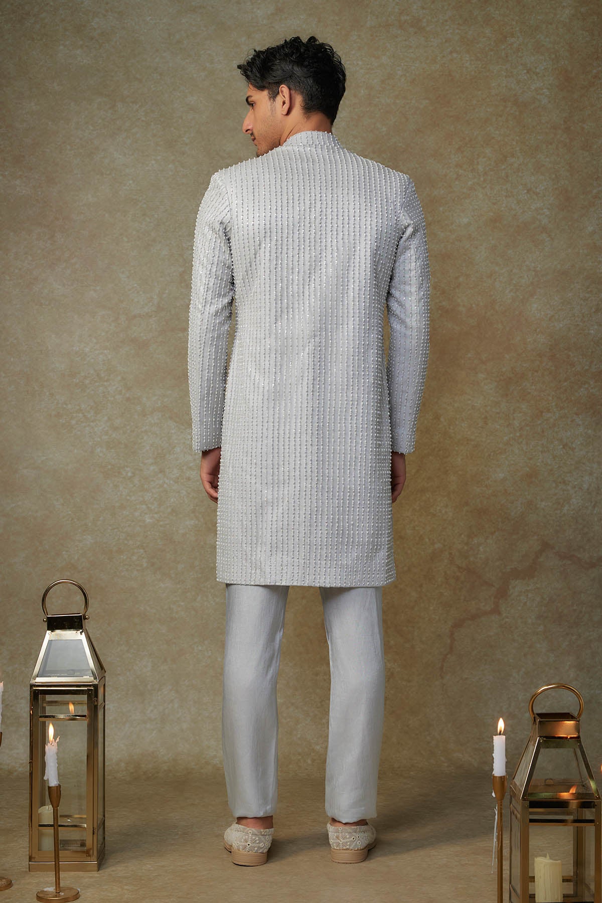 Grey Embroidered Sherwani Set