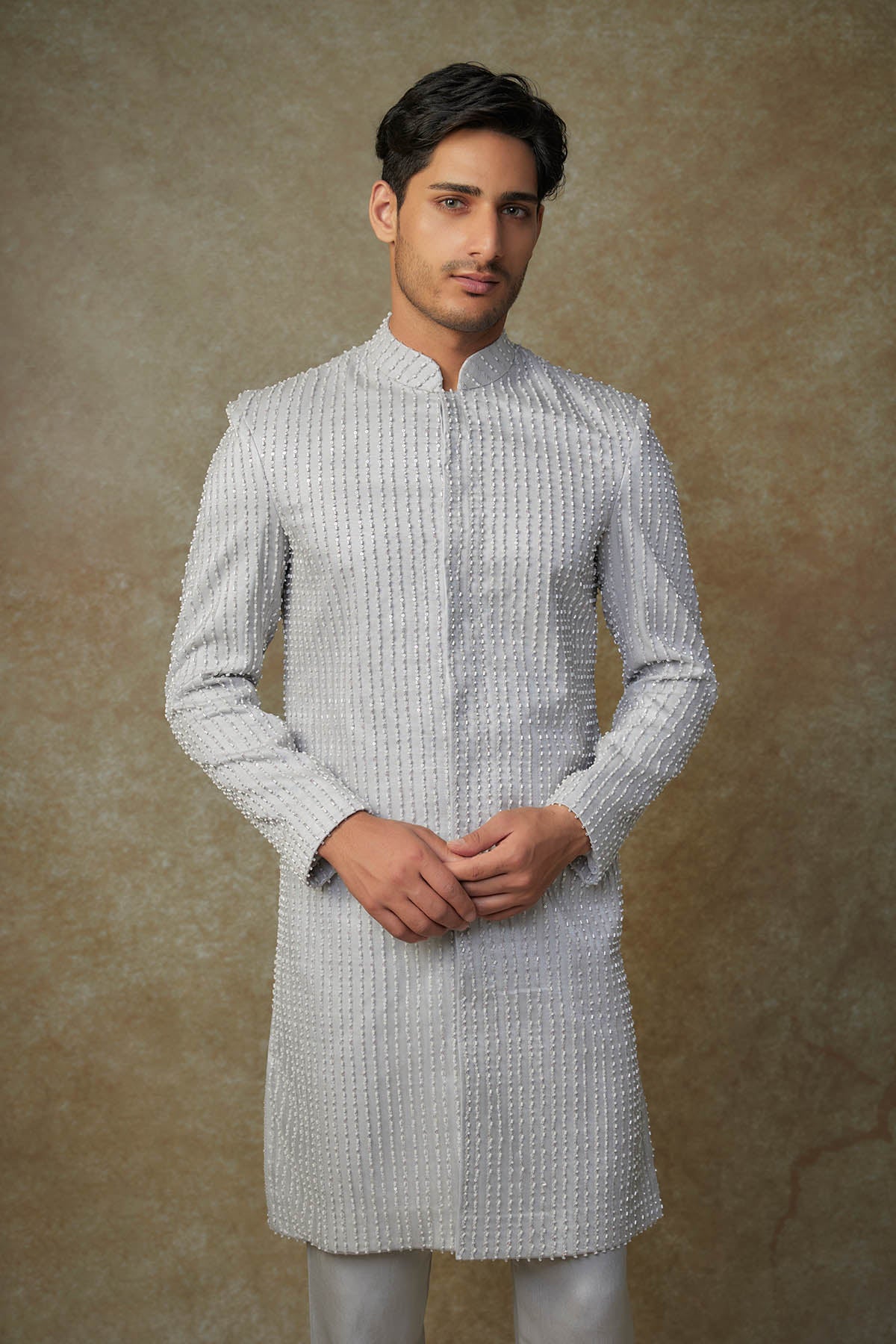 Grey Embroidered Sherwani Set