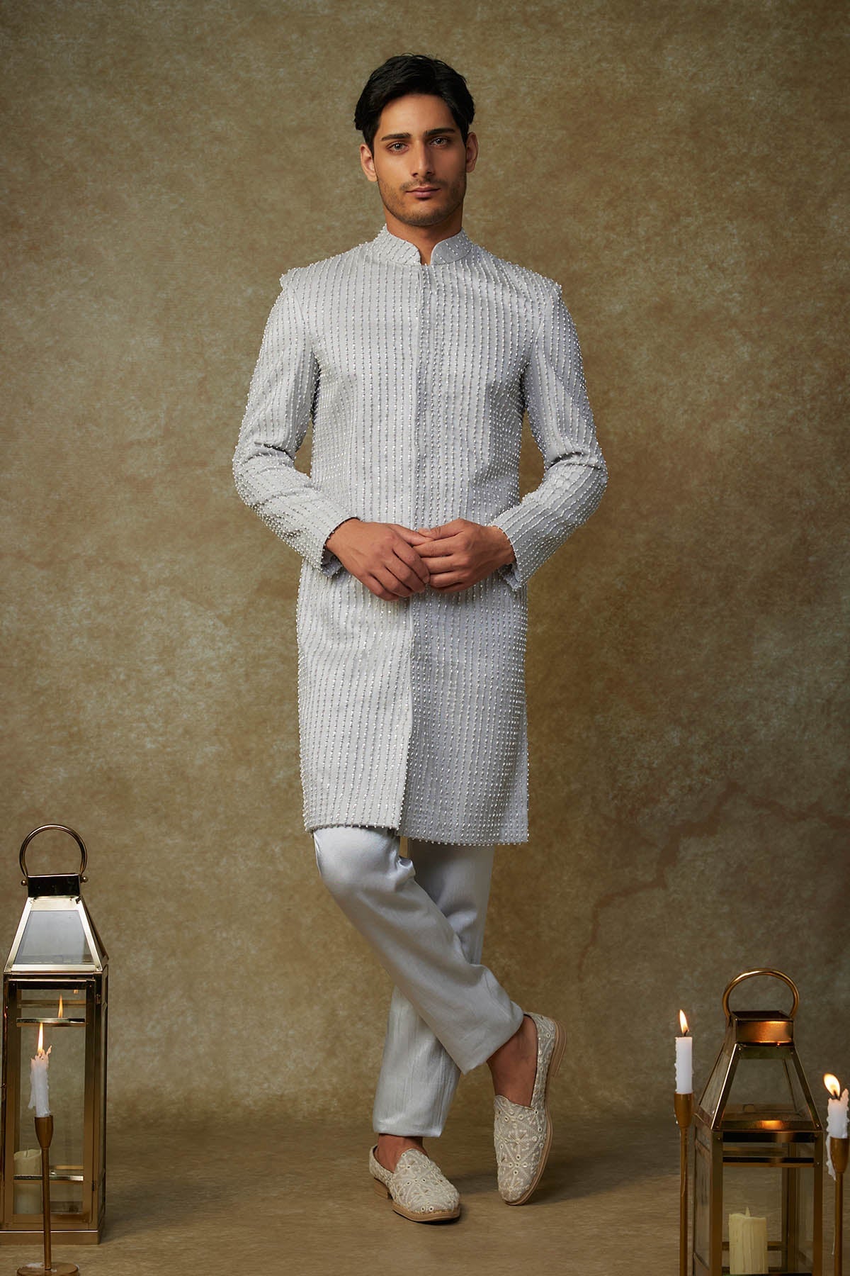 Buy Grey Embroidered Sherwani Set by Masumi Mewawalla for men online at ScrollnShops