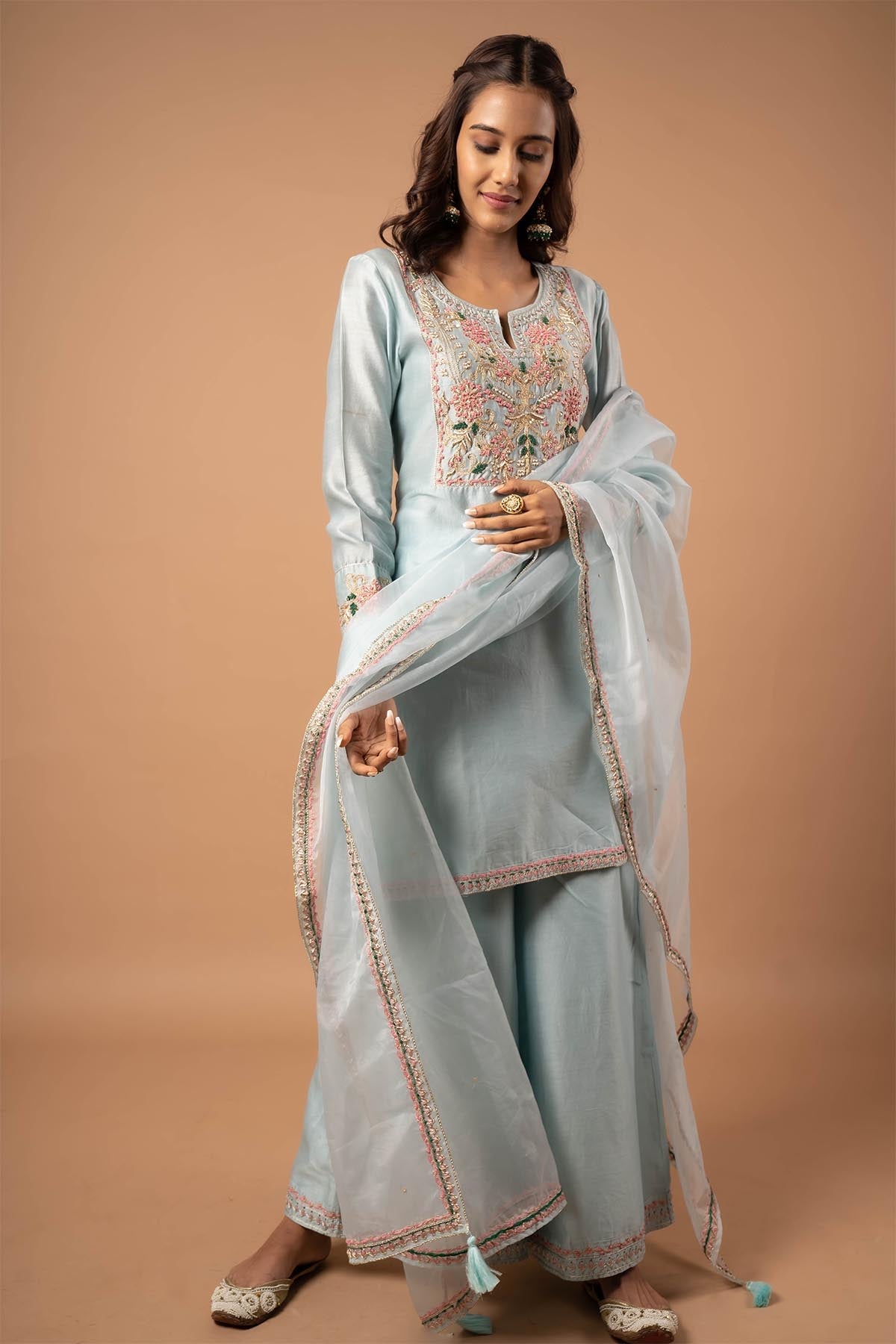 Buy Grey Embroidered Short Kurta Set by Aavya for women online at ScrollnShops