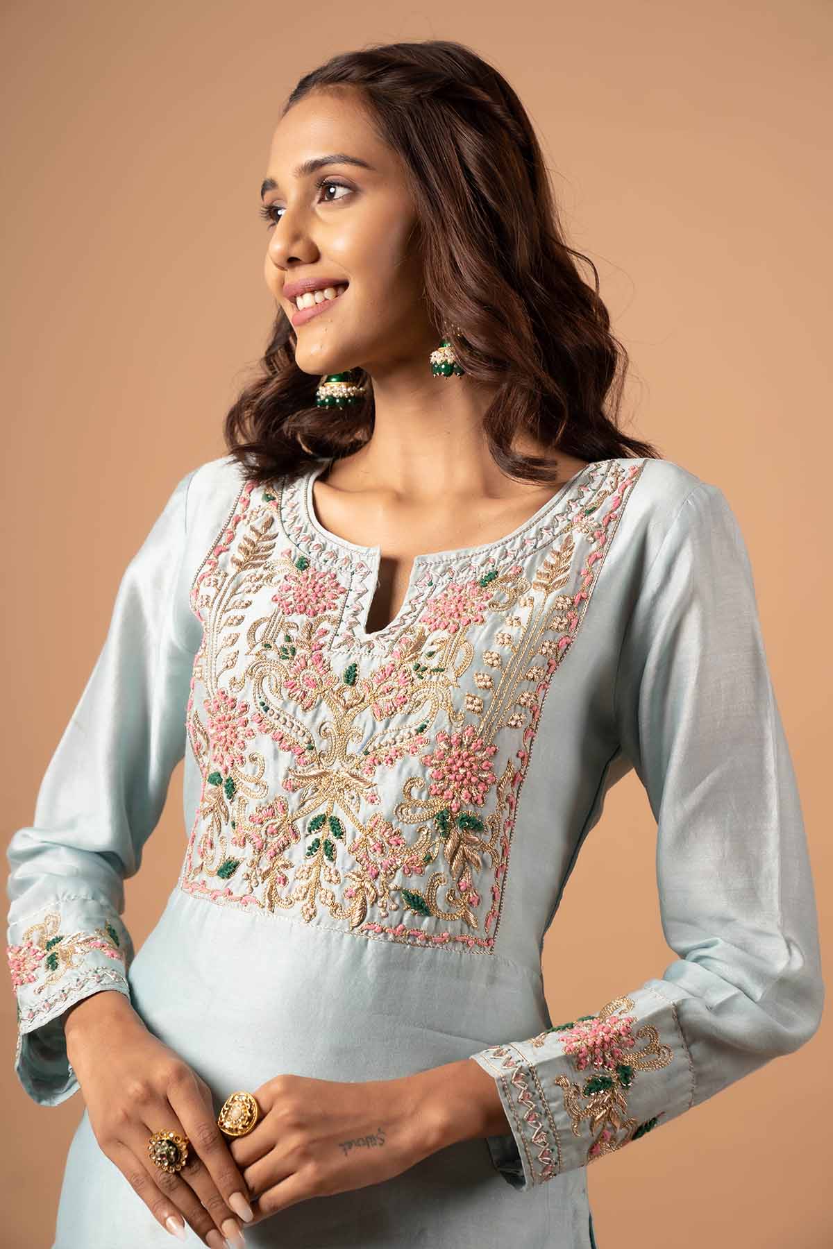 Grey Embroidered Short Kurta Set