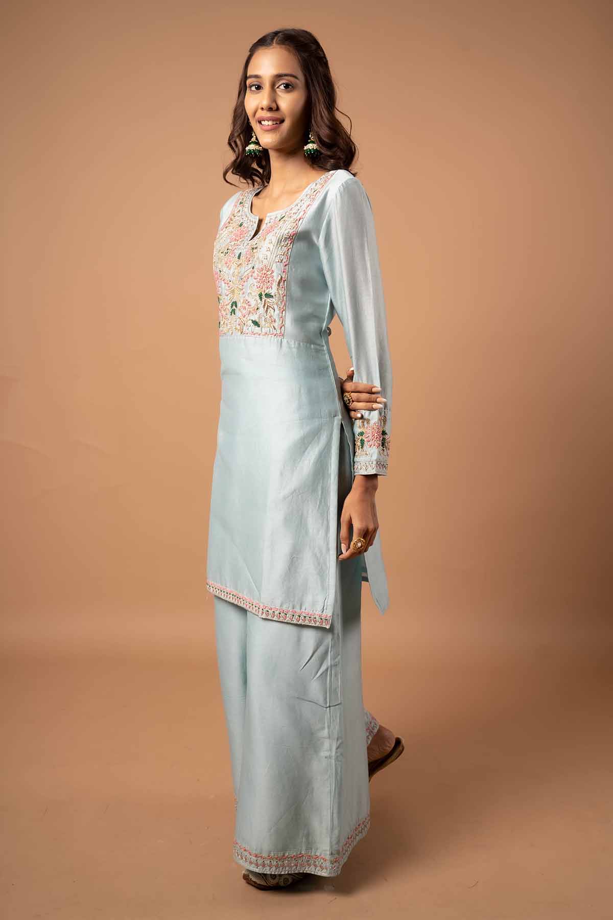 Grey Embroidered Short Kurta Set