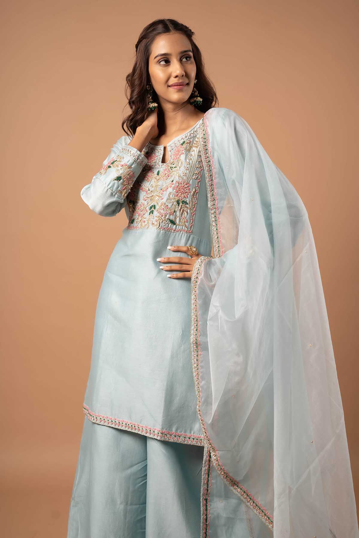 Grey Embroidered Short Kurta Set