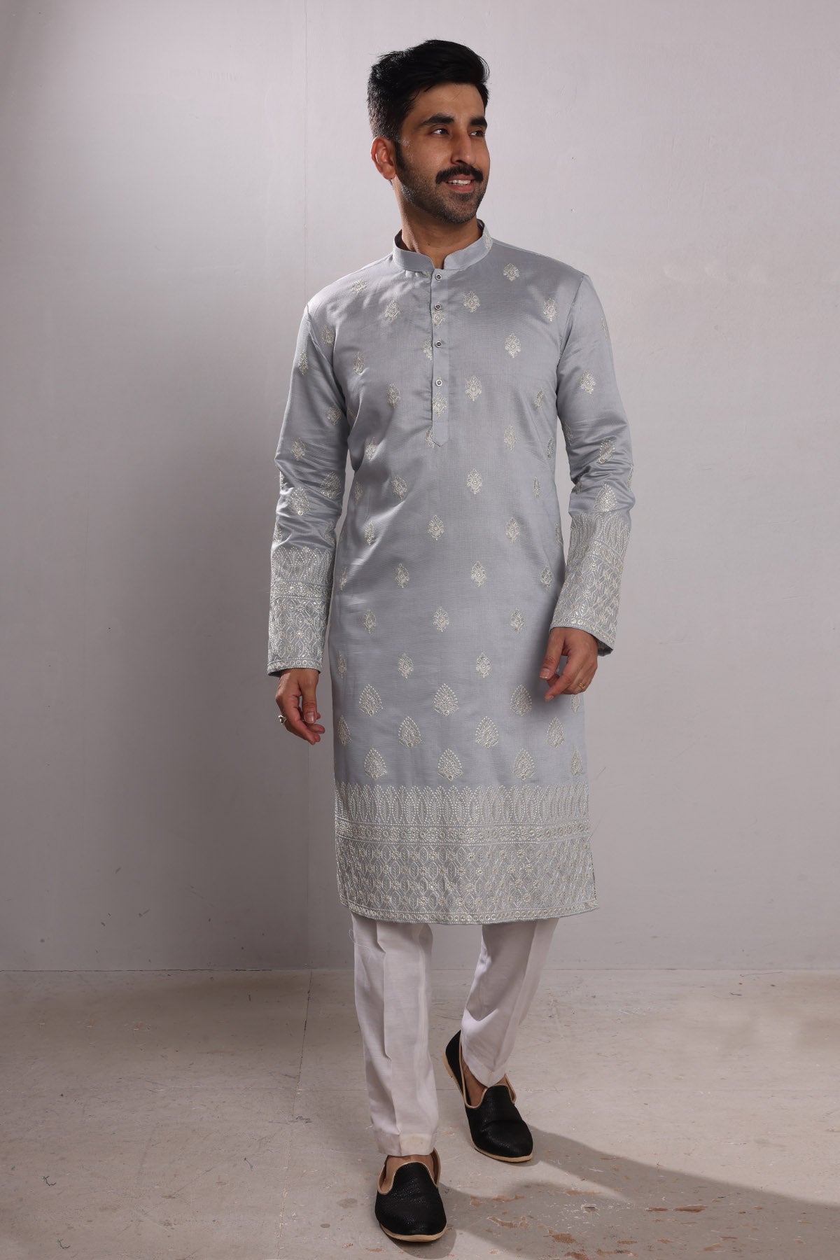 Buy Grey Embroidered Silk Kurta by SNEHA B - Men for men online at ScrollnShops