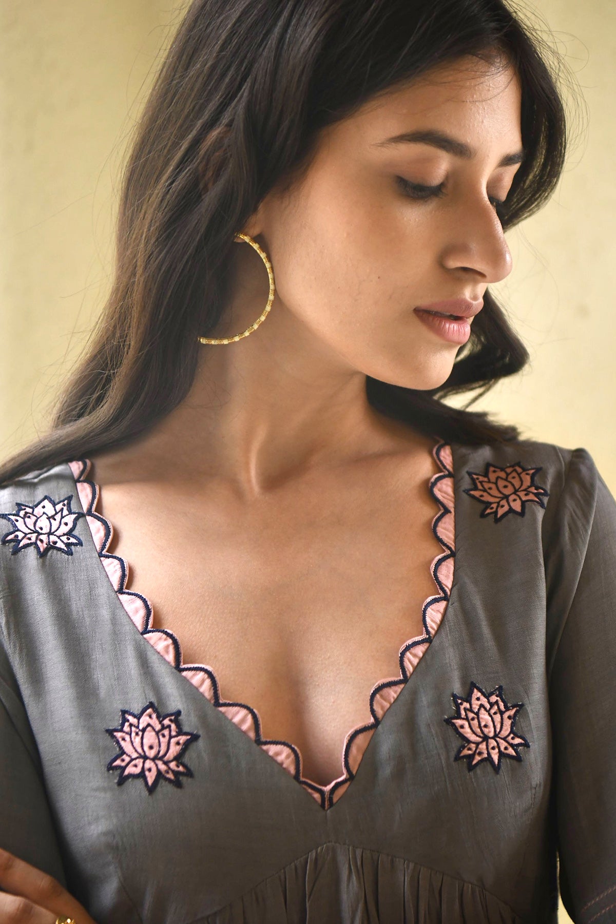 Grey Floral Cutwork Midi Dress