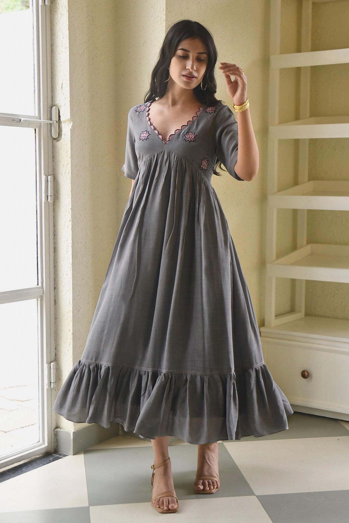 Buy Grey Floral Cutwork Midi Dress by Taro India for Women online at ScrollnShops