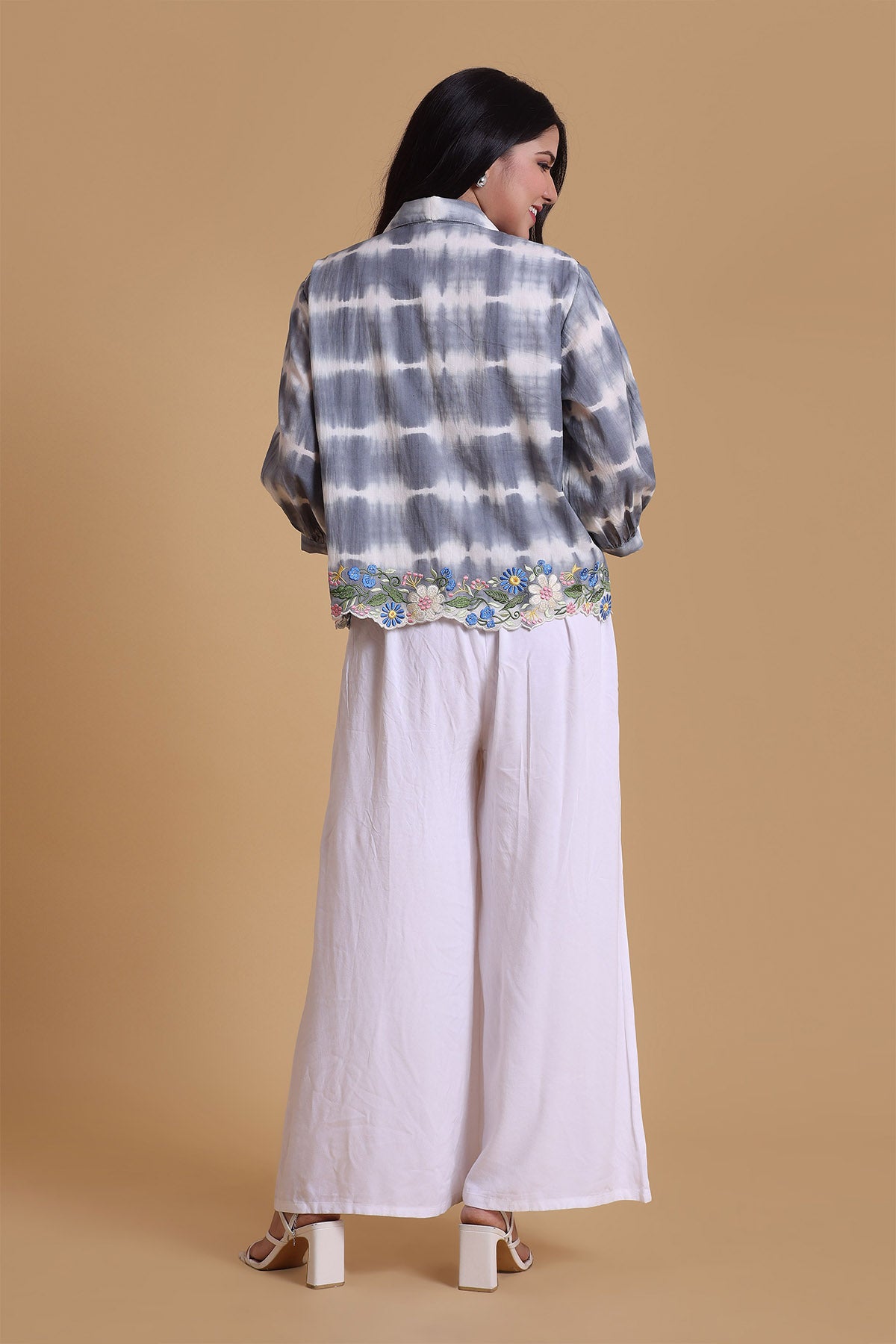 Grey Floral Embroidered Shirt