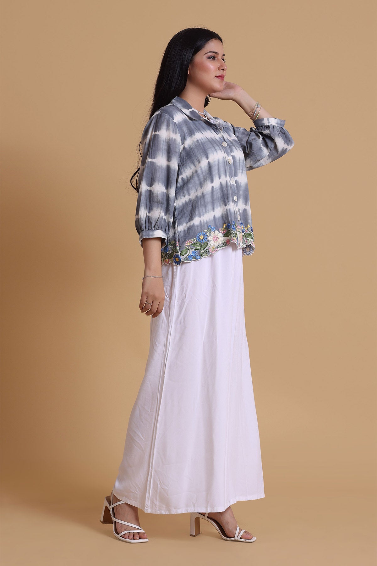 Grey Floral Embroidered Shirt