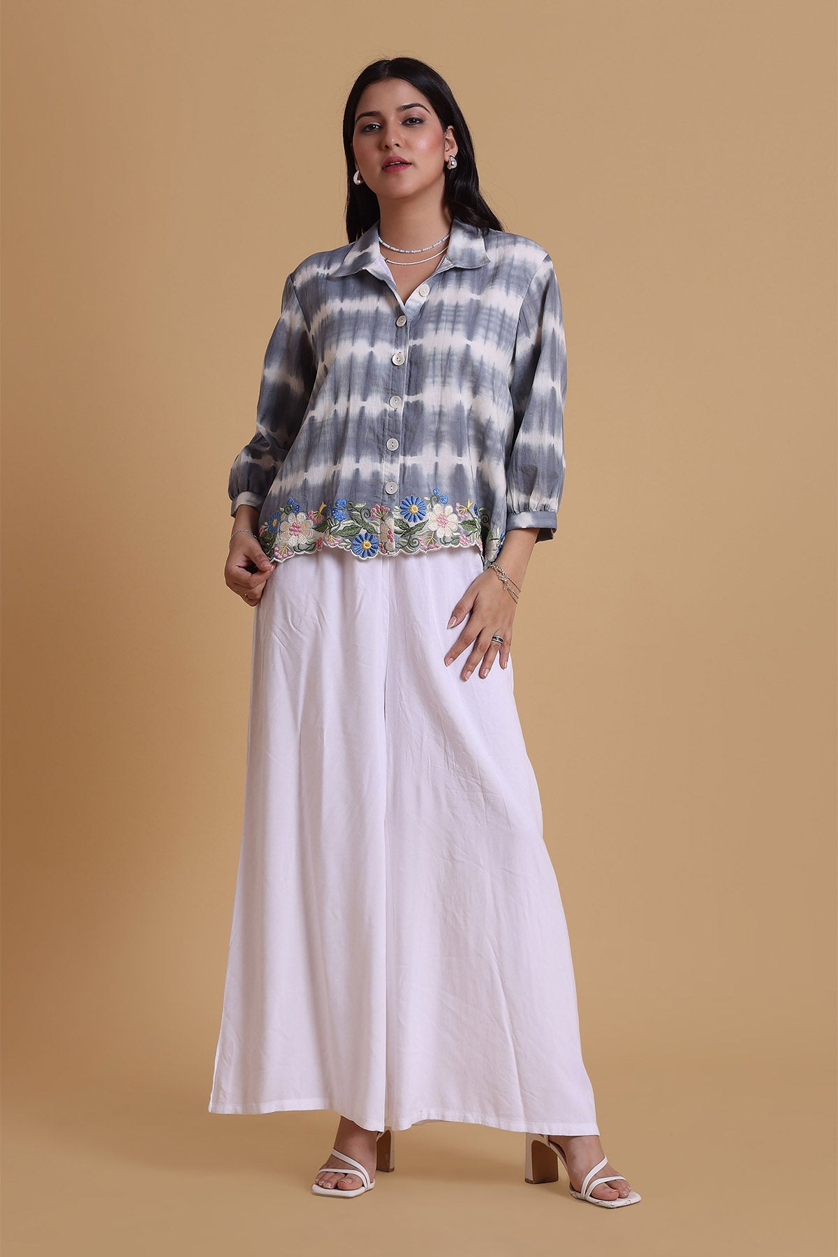 Grey Floral Embroidered Shirt