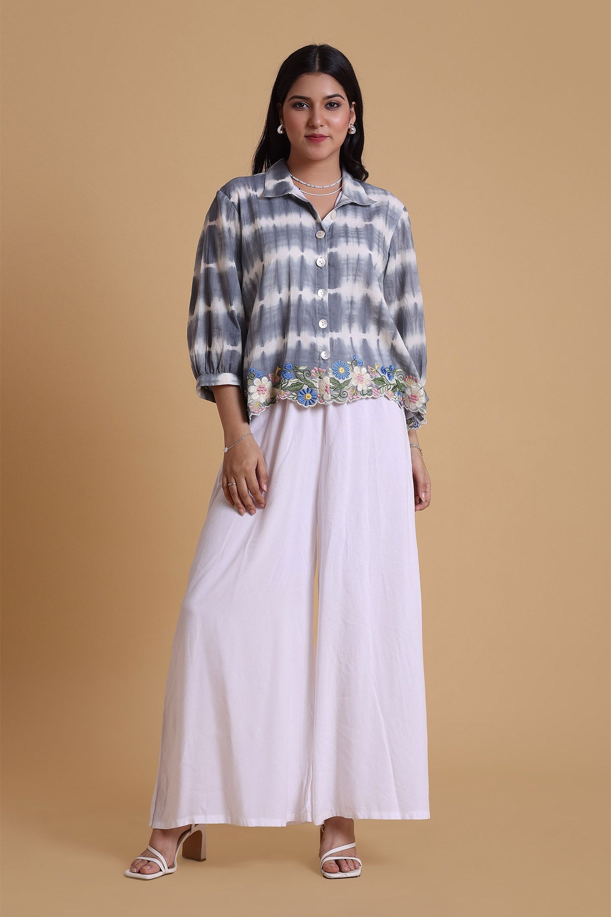 Grey Floral Embroidered Shirt