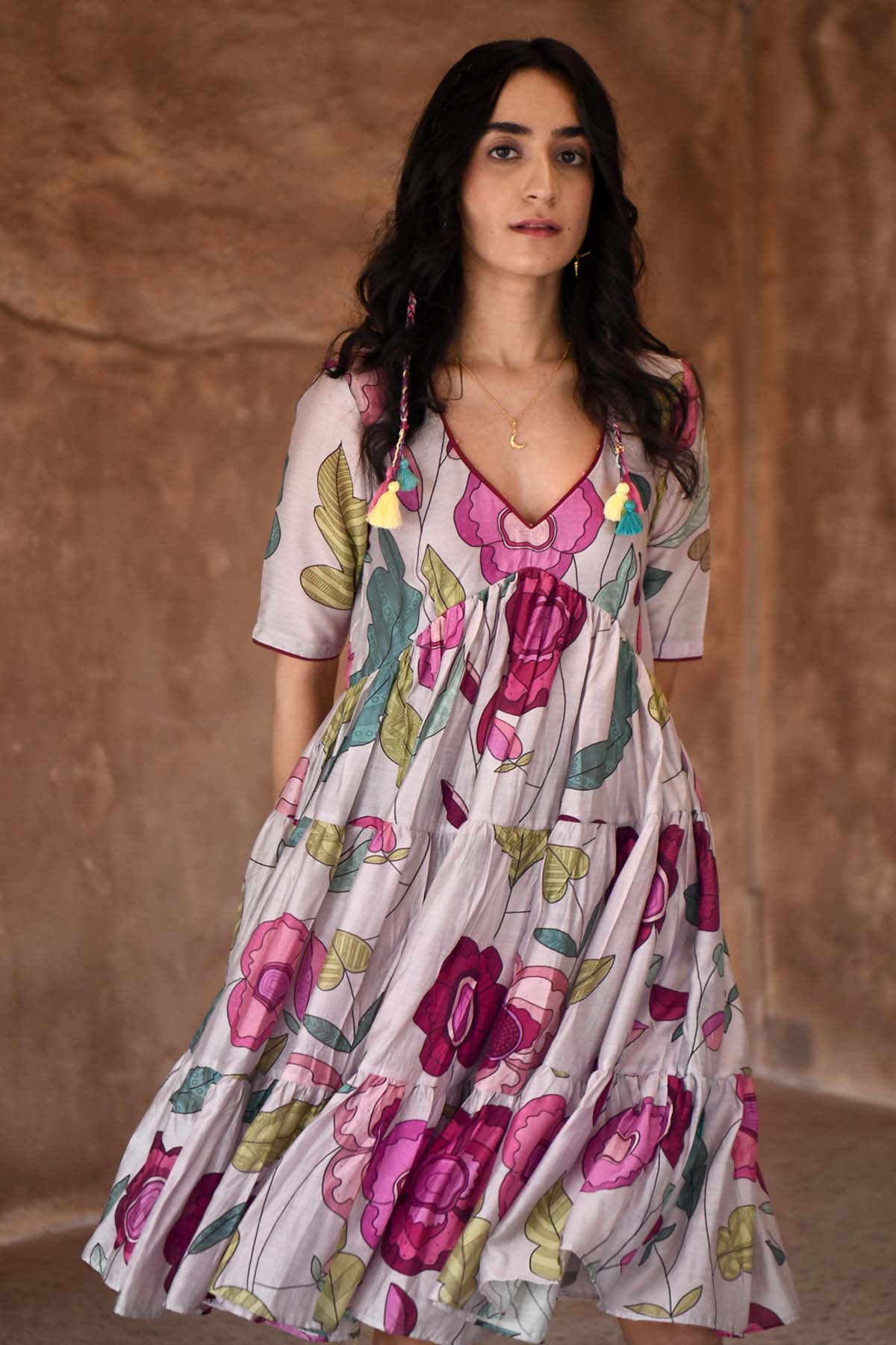 Grey Floral Print Midi Dress