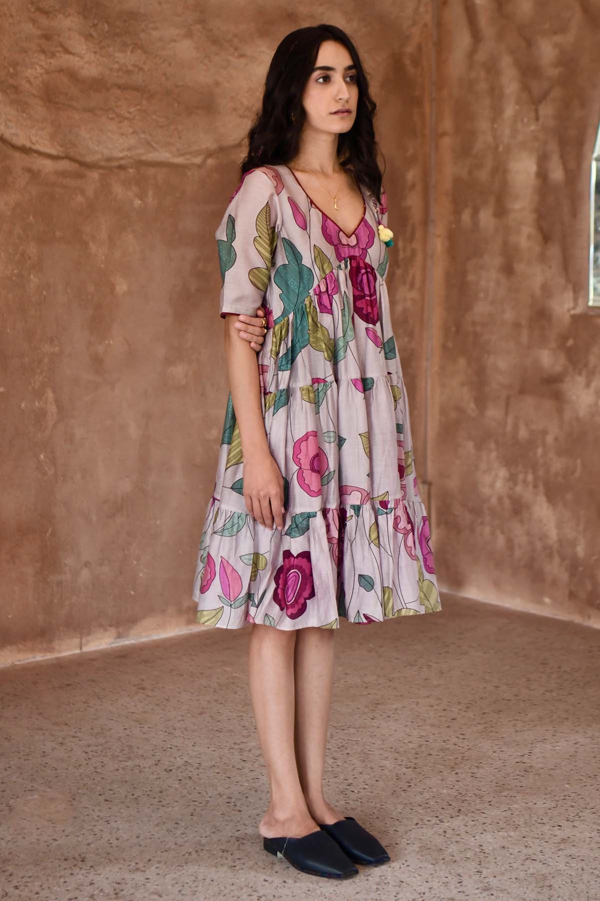 Grey Floral Print Midi Dress