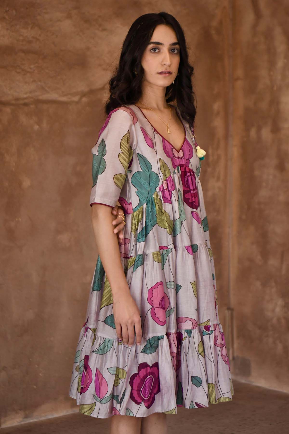 Grey Floral Print Midi Dress