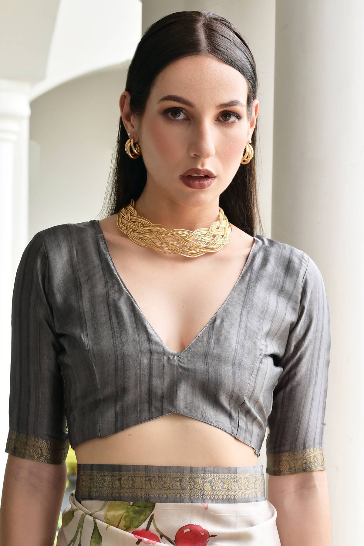 Grey Flower Printed Zari Saree