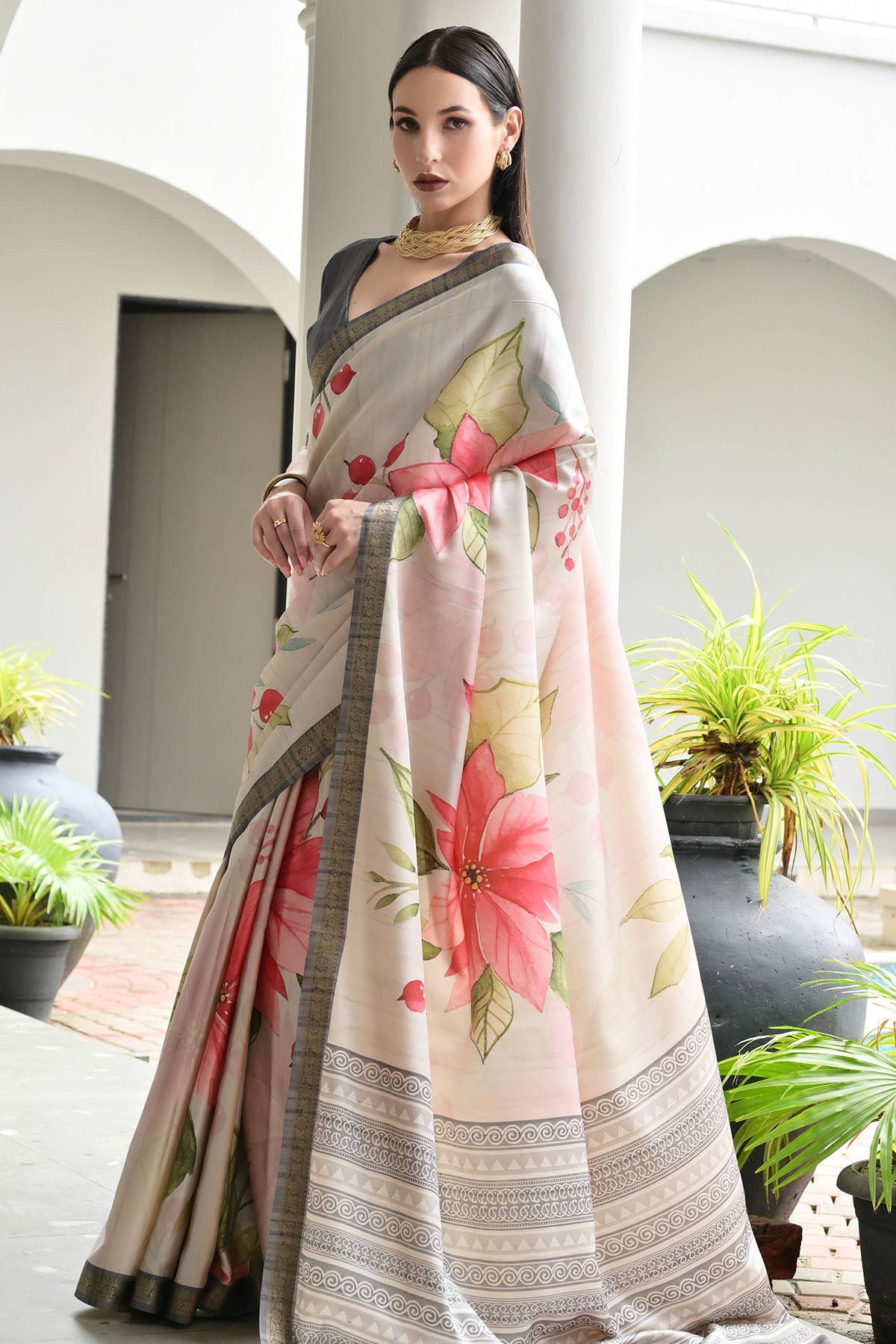 Grey Flower Printed Zari Saree