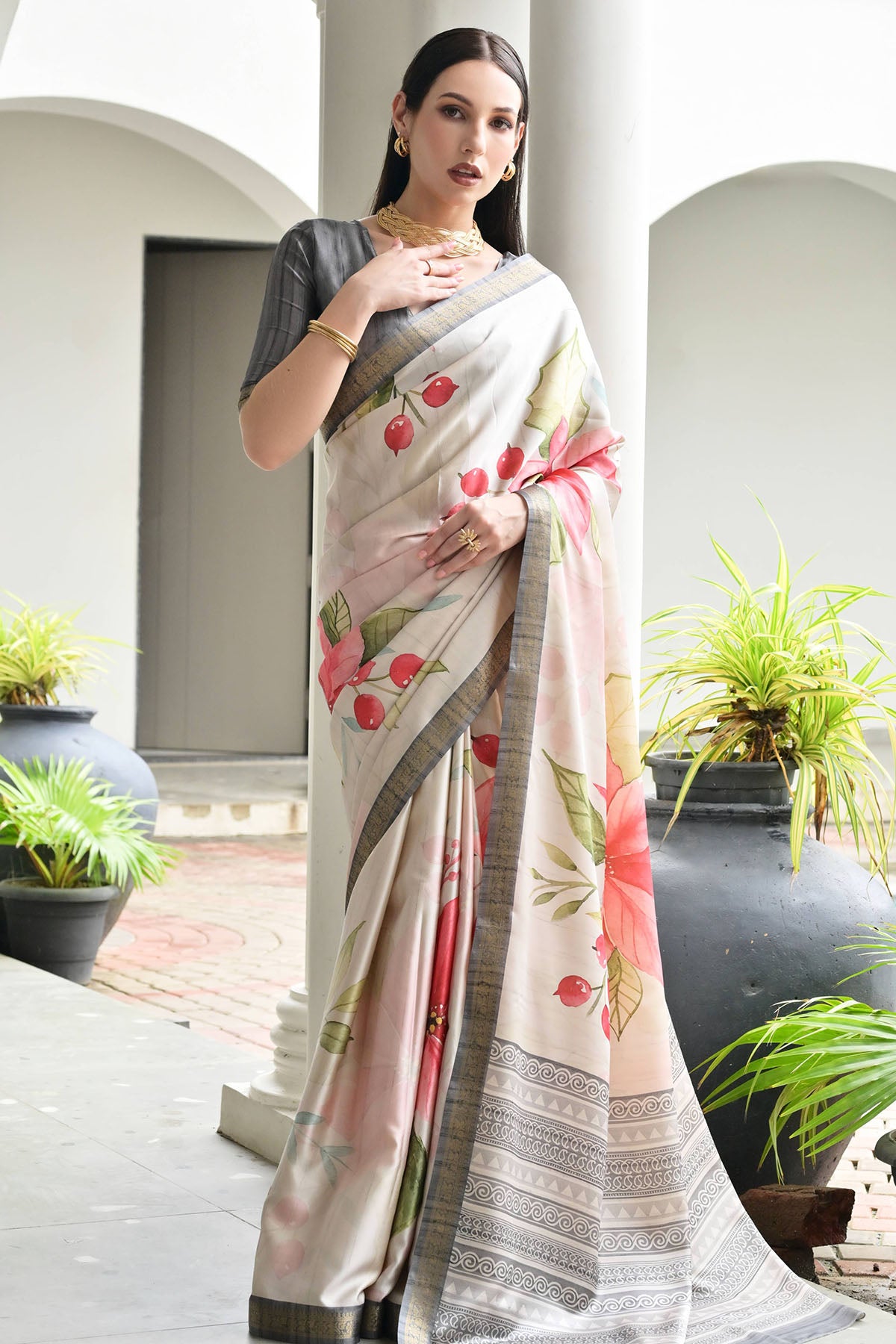 Grey Flower Printed Zari Saree