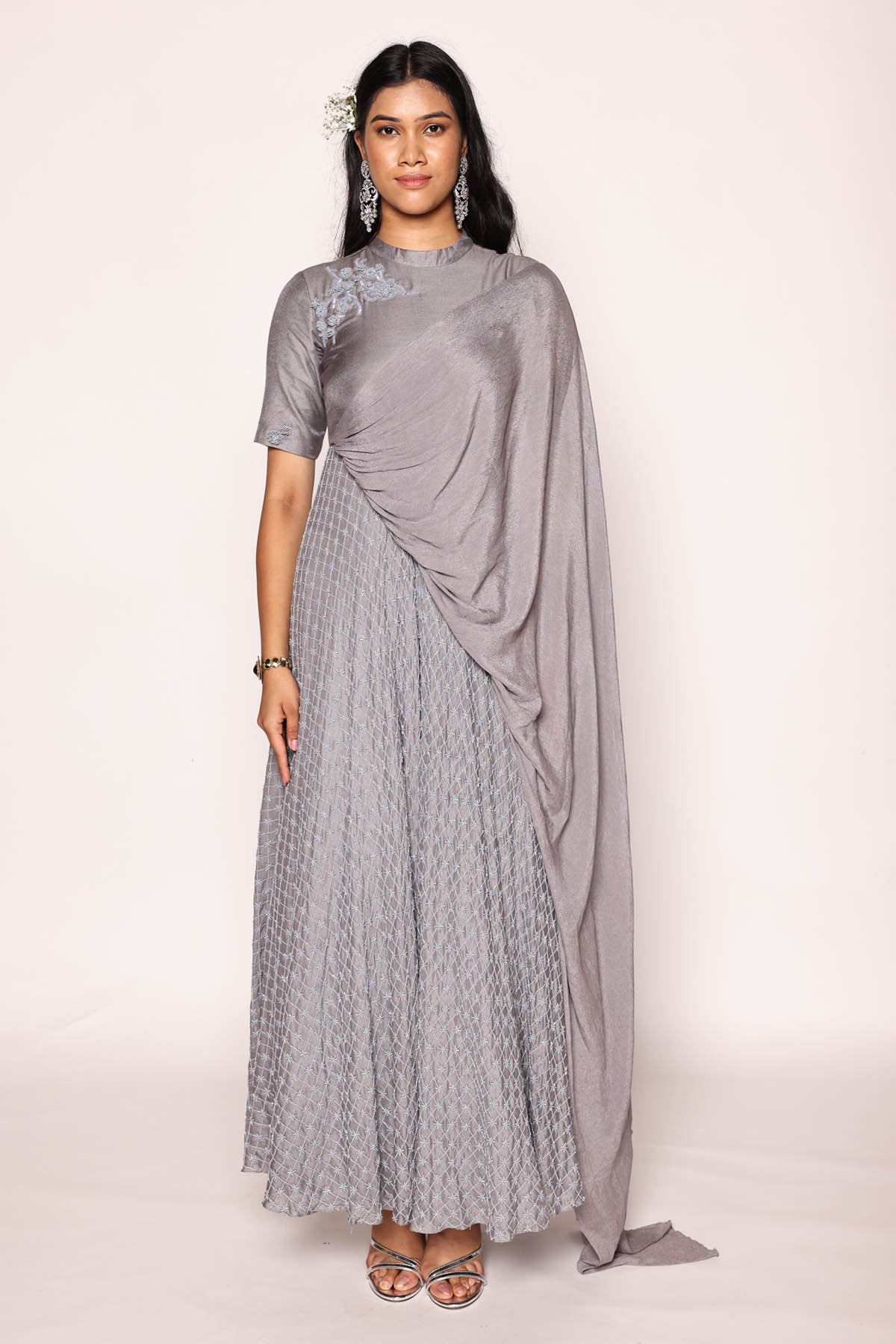 Grey Front Drape Embroidered Dress at ScrollnShops