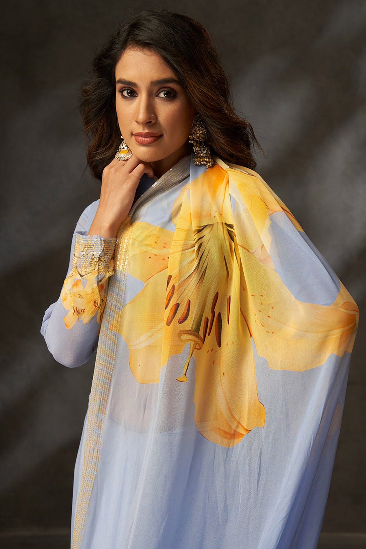 Grey Georgette Digital Saree