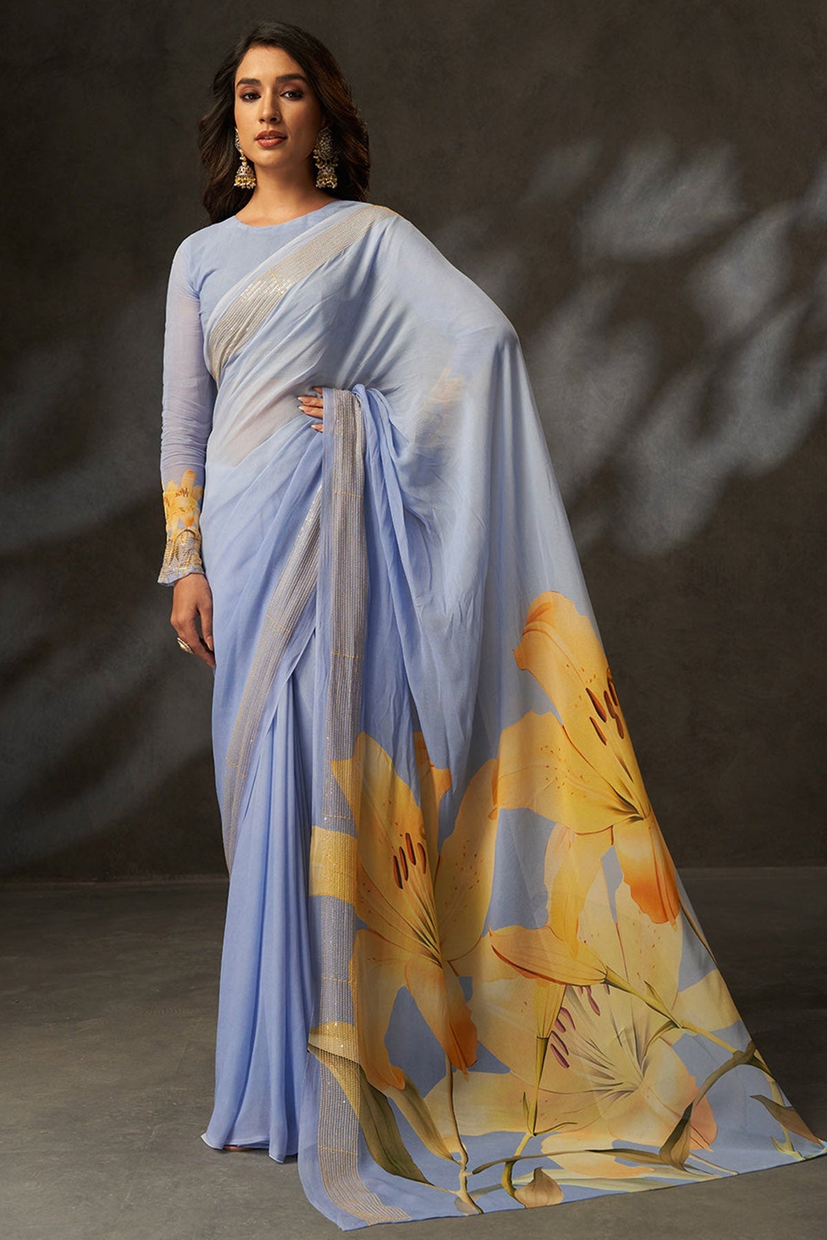 Buy Grey Georgette Digital Saree for women by Aastha Fashion online available at scrollnshops