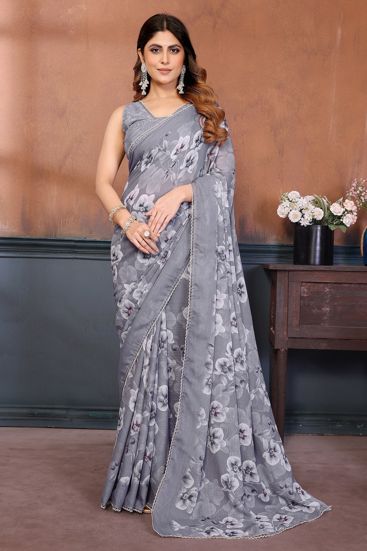 Buy Grey Georgette Sharmili Saree for women by Aastha Fashion online available at scrollnshops