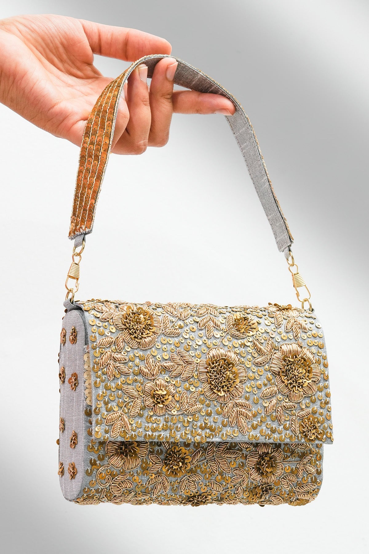 Buy Grey Hand Crafted Flower Clutch for women by the Purple sack online available at scrollnshops
