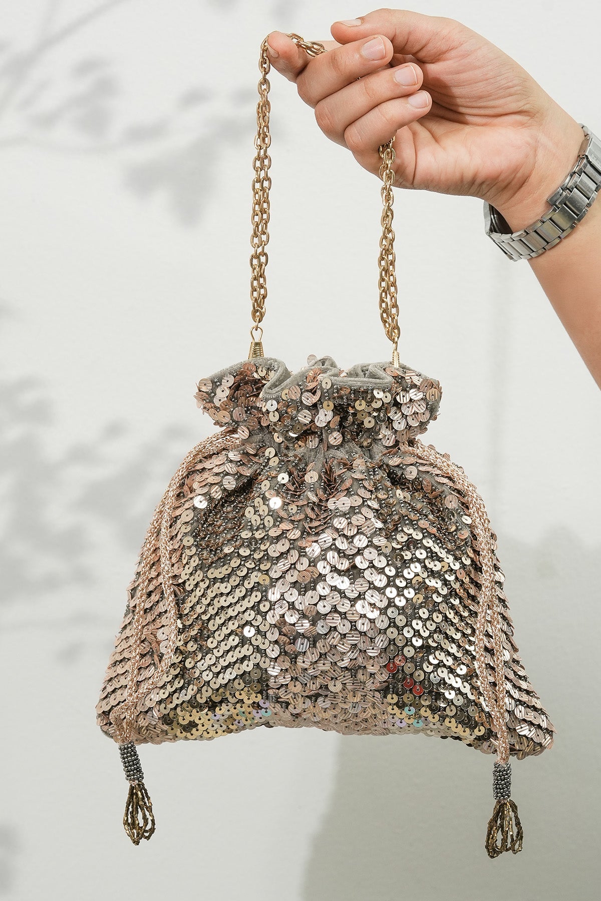 Buy Grey Hand Crafted Sequins Potli for women by the Purple sack online available at scrollnshops