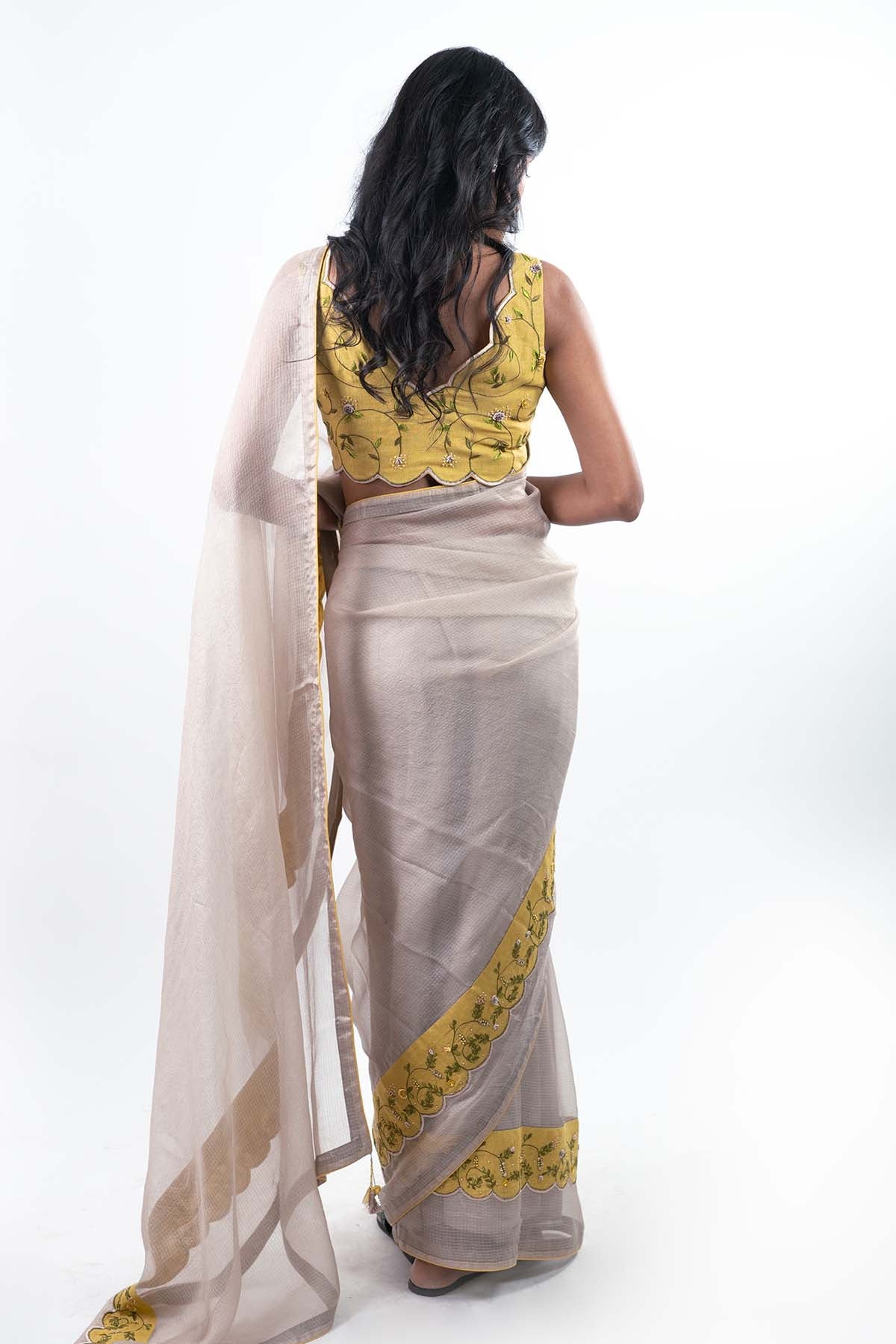 Grey Hand Embroidered Saree