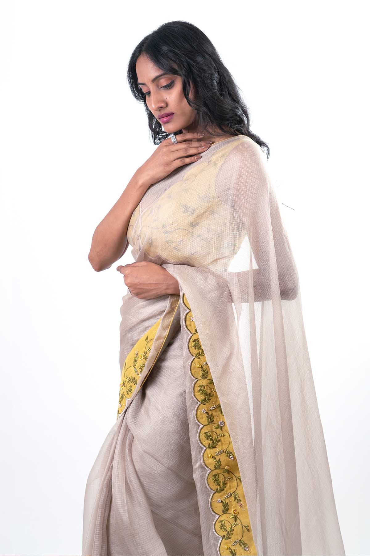 Grey Hand Embroidered Saree
