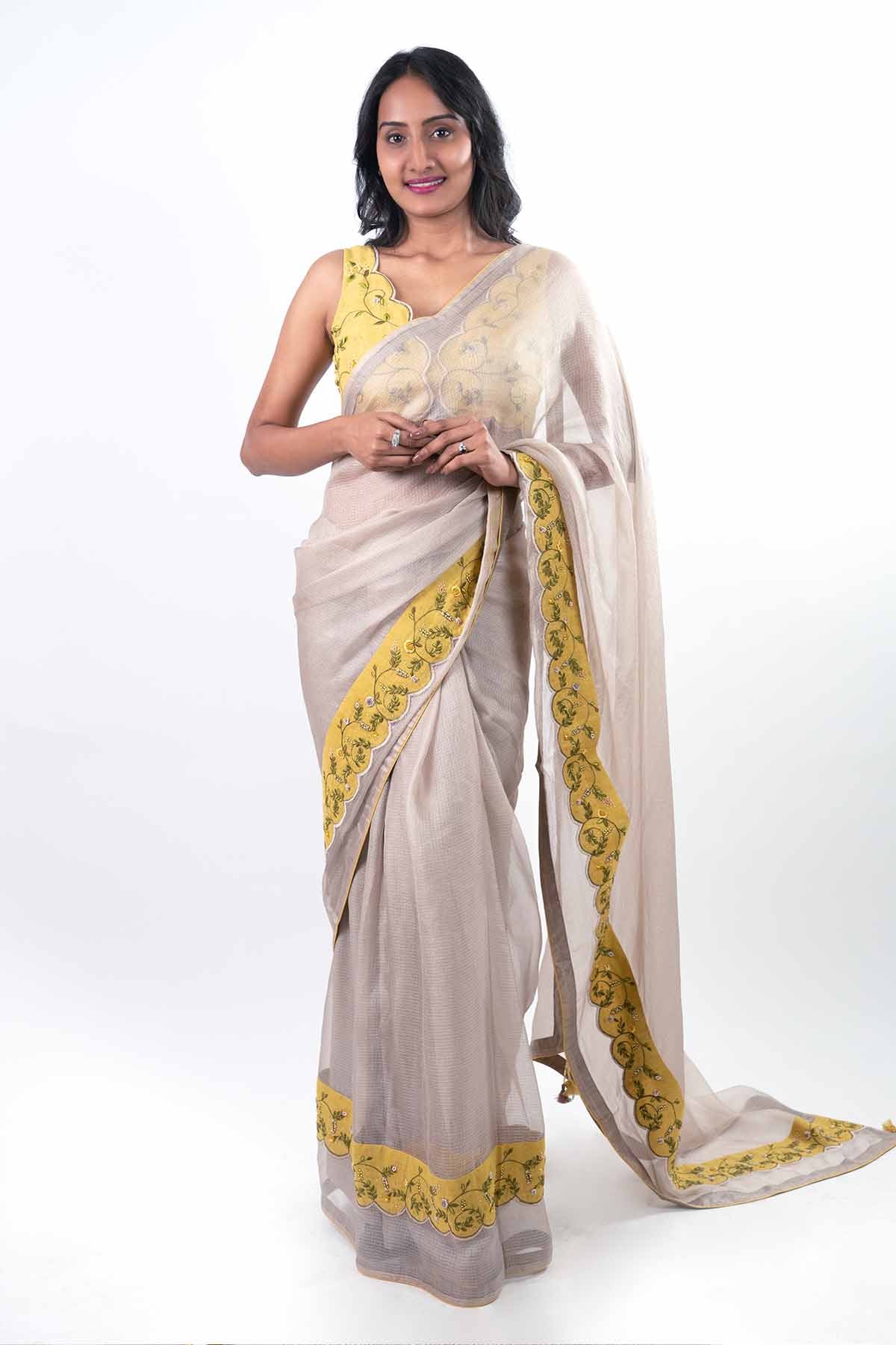 Buy Grey Hand Embroidered Saree by Journal by Pranay for women online at ScrollnShops