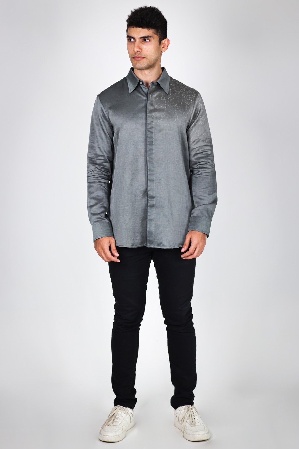 Arya Giri Grey Hand Embroidered Shirts for men online at ScrollnShops