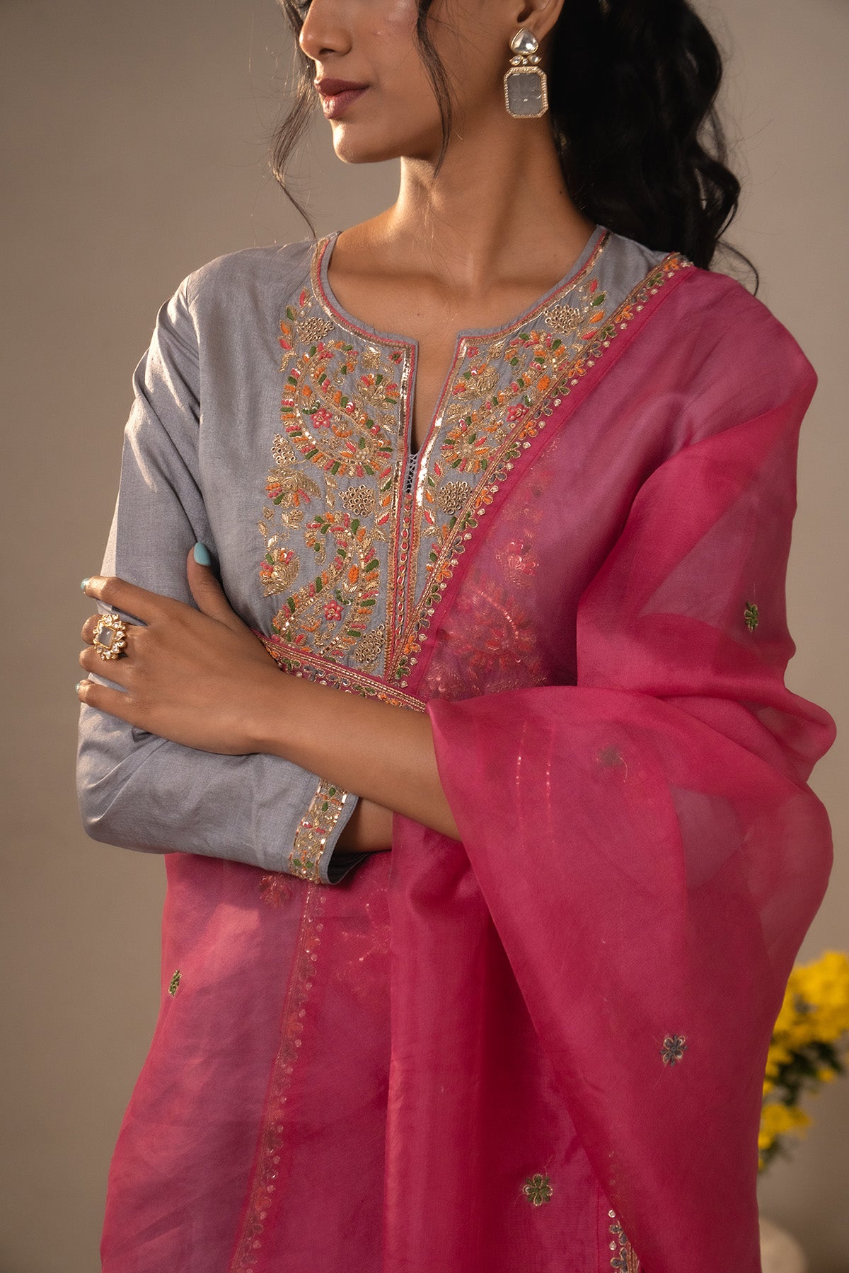 Grey Hand Embroidery Kurta Set