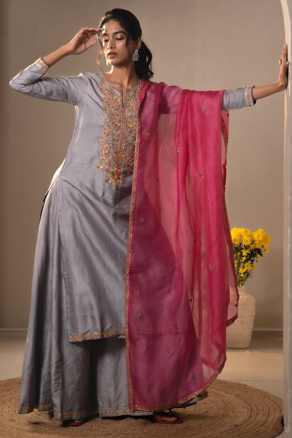 Grey Hand Embroidery Kurta Set