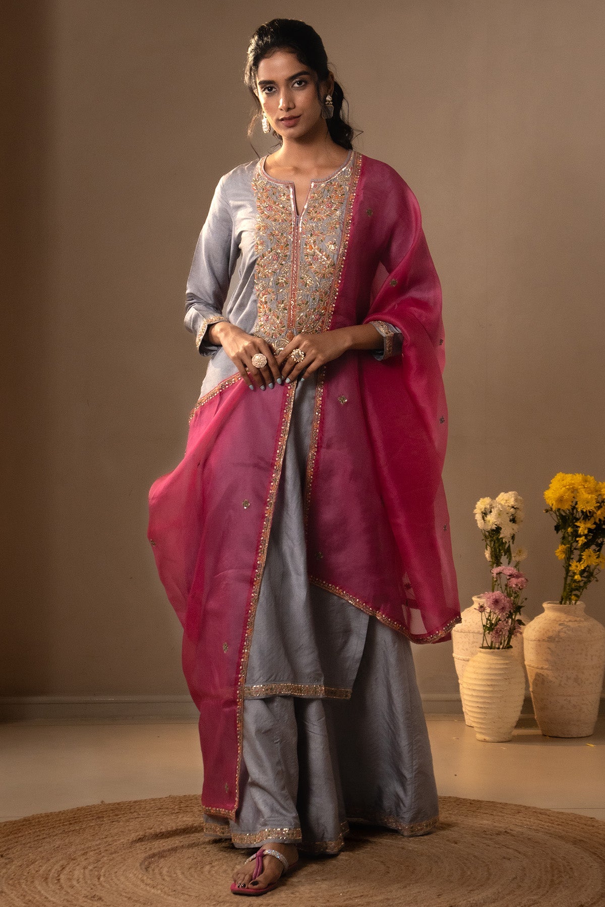 Buy Grey Hand Embroidery Kurta Set for women by Aavya online available at scrollnshops