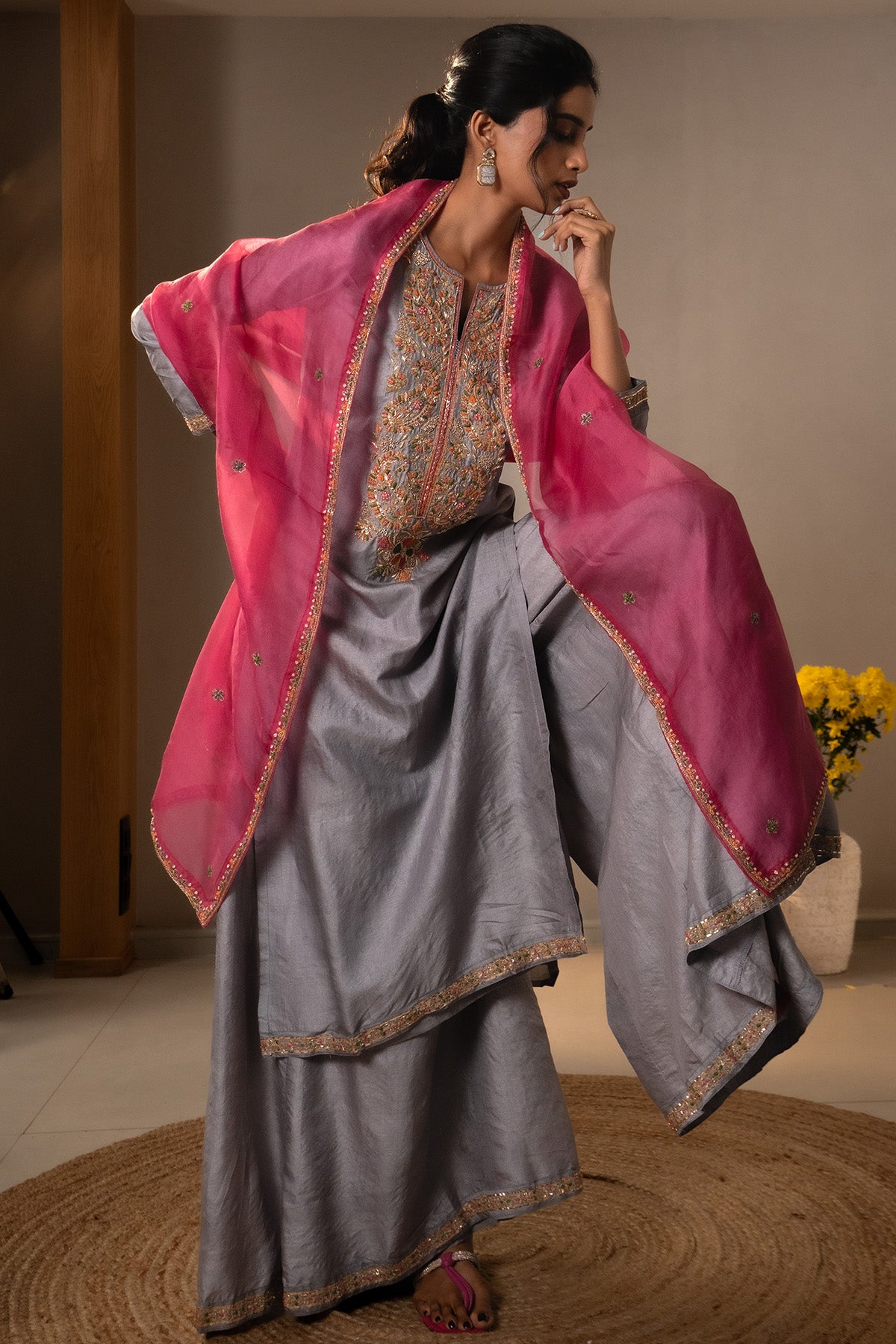 Grey Hand Embroidery Kurta Set