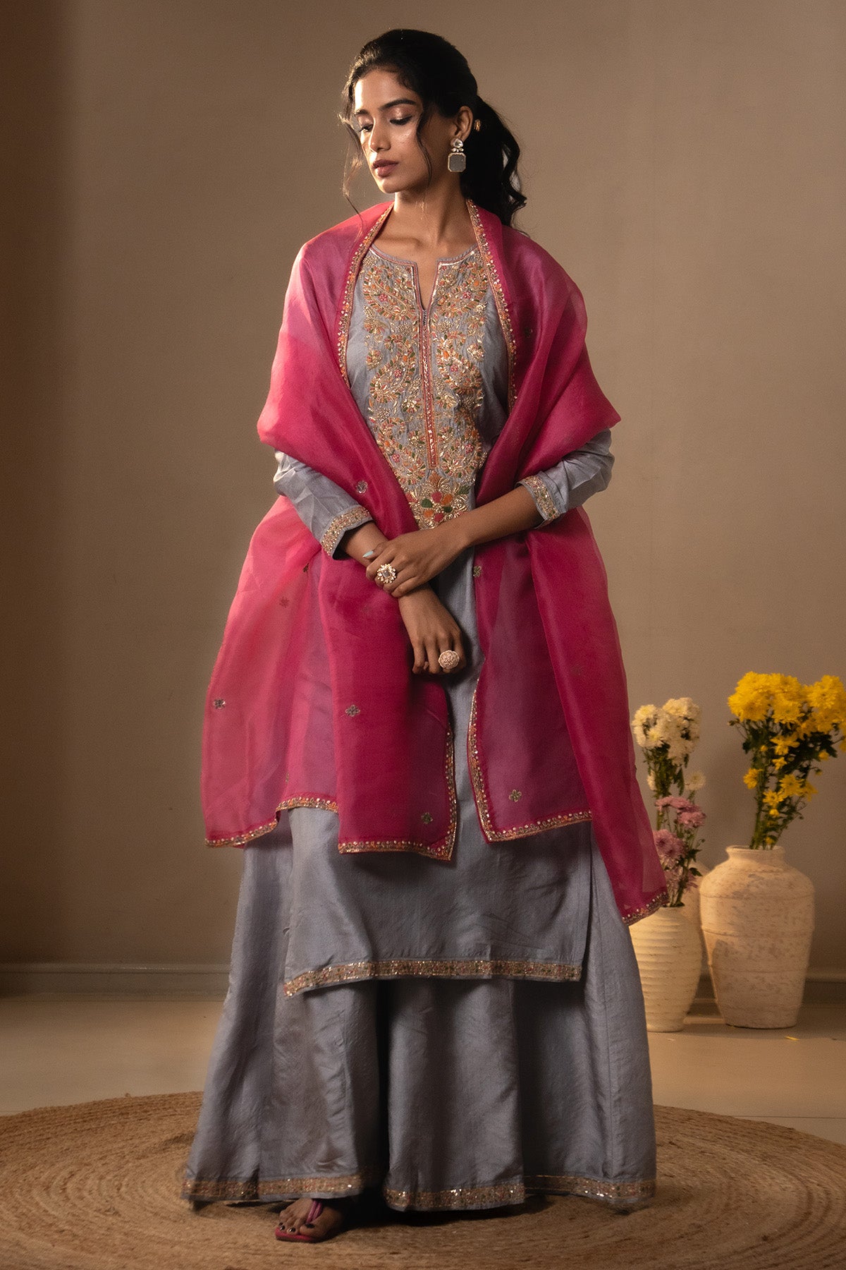 Grey Hand Embroidery Kurta Set