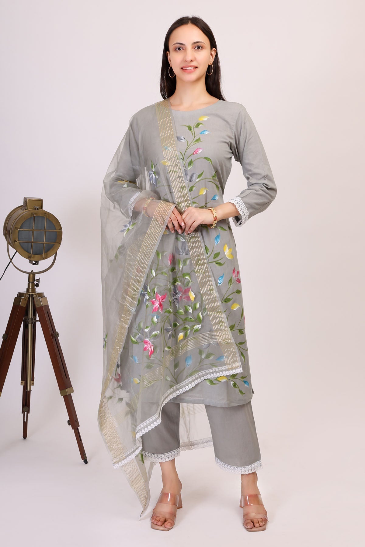 Simply Kitsch Grey Hand Painted Kurta Set for women online at ScrollnShops