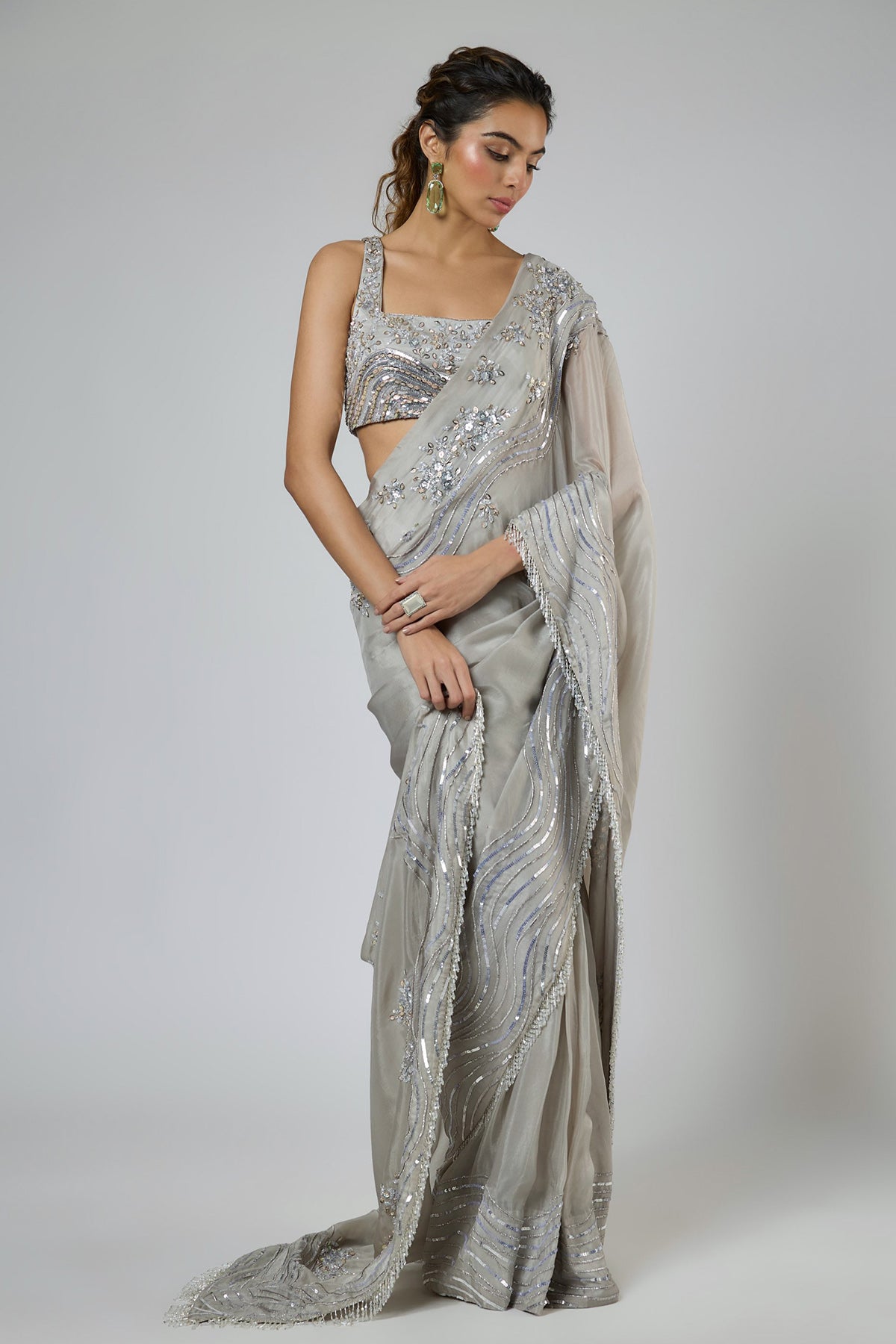 Grey Heavy Embroidery Saree Set