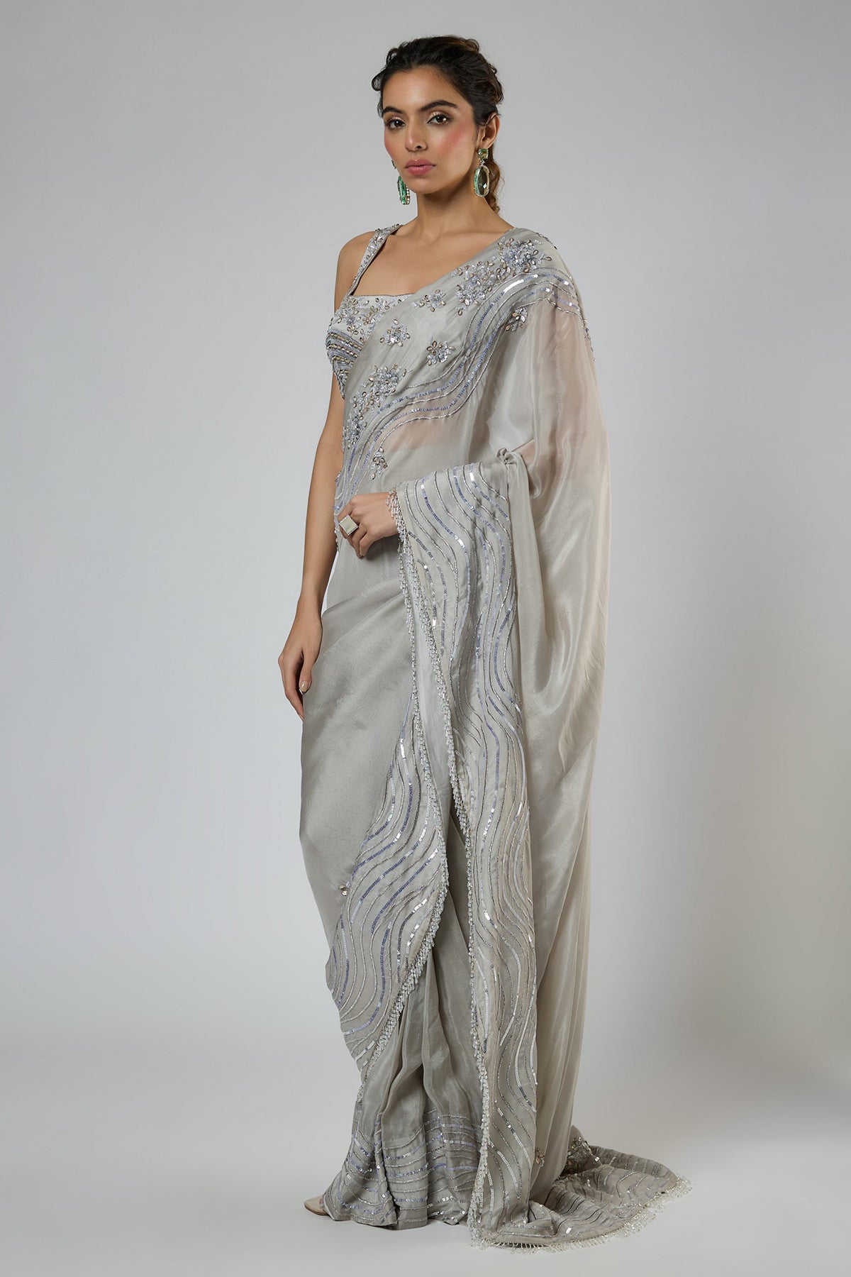 Grey Heavy Embroidery Saree Set