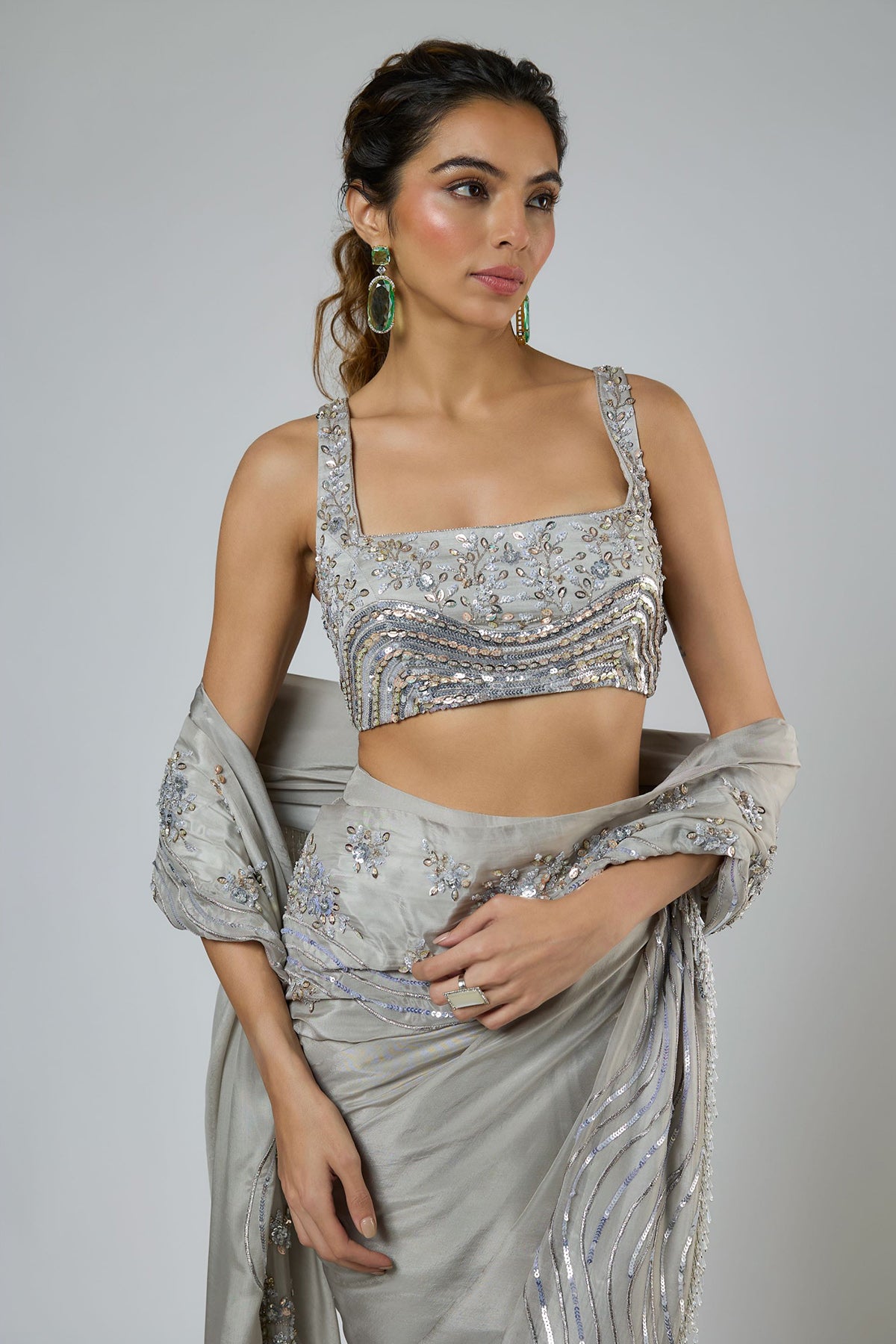 Grey Heavy Embroidery Saree Set