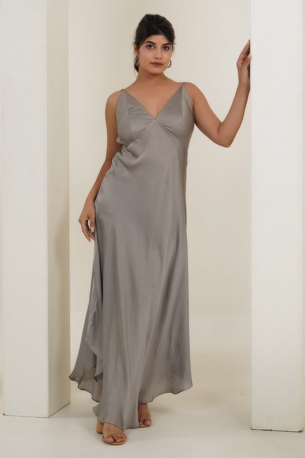 Imrie Grey High-Low Strappy Maxi Dress for women online at ScrollnShops