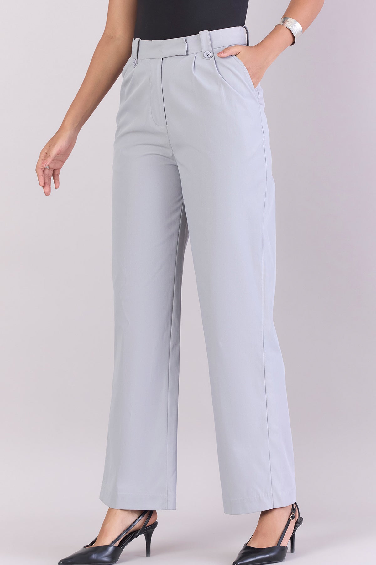 Grey High-Waist Pleated Trousers