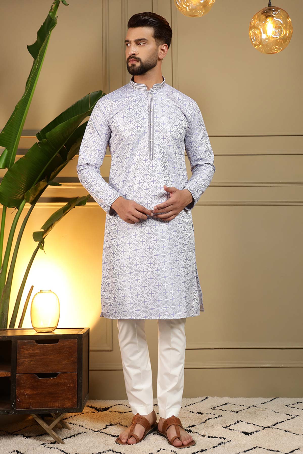 Buy Grey Jacquard Woven Kurta Set for men by Jyoti Fashion online available at scrollnshops