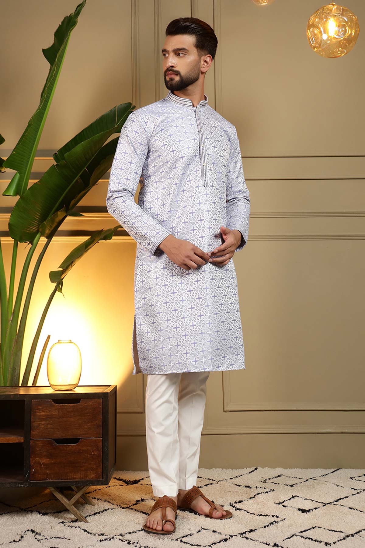 Grey Jacquard Woven Kurta Set