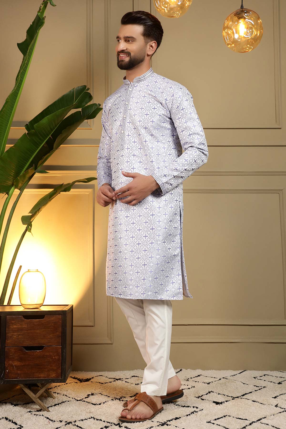 Grey Jacquard Woven Kurta Set