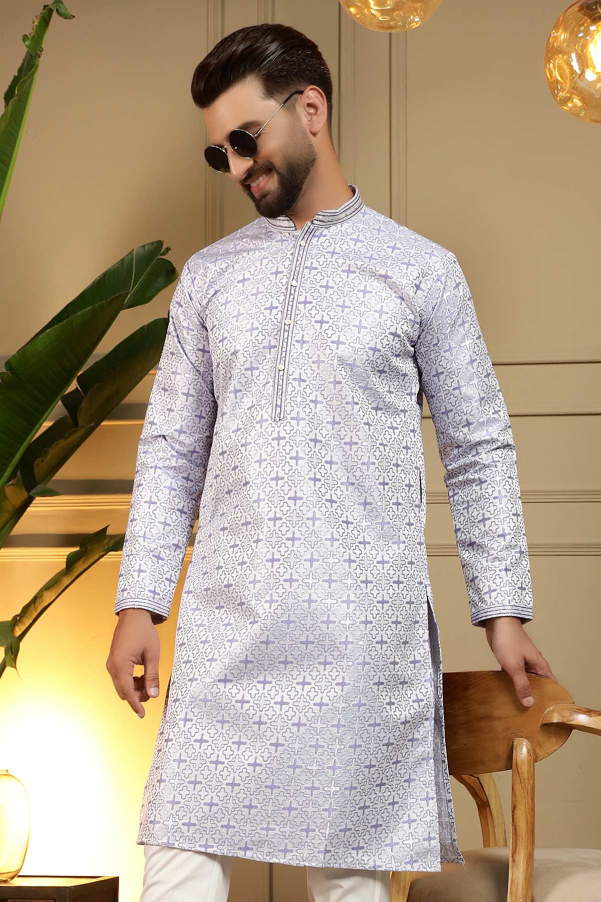 Grey Jacquard Woven Kurta Set