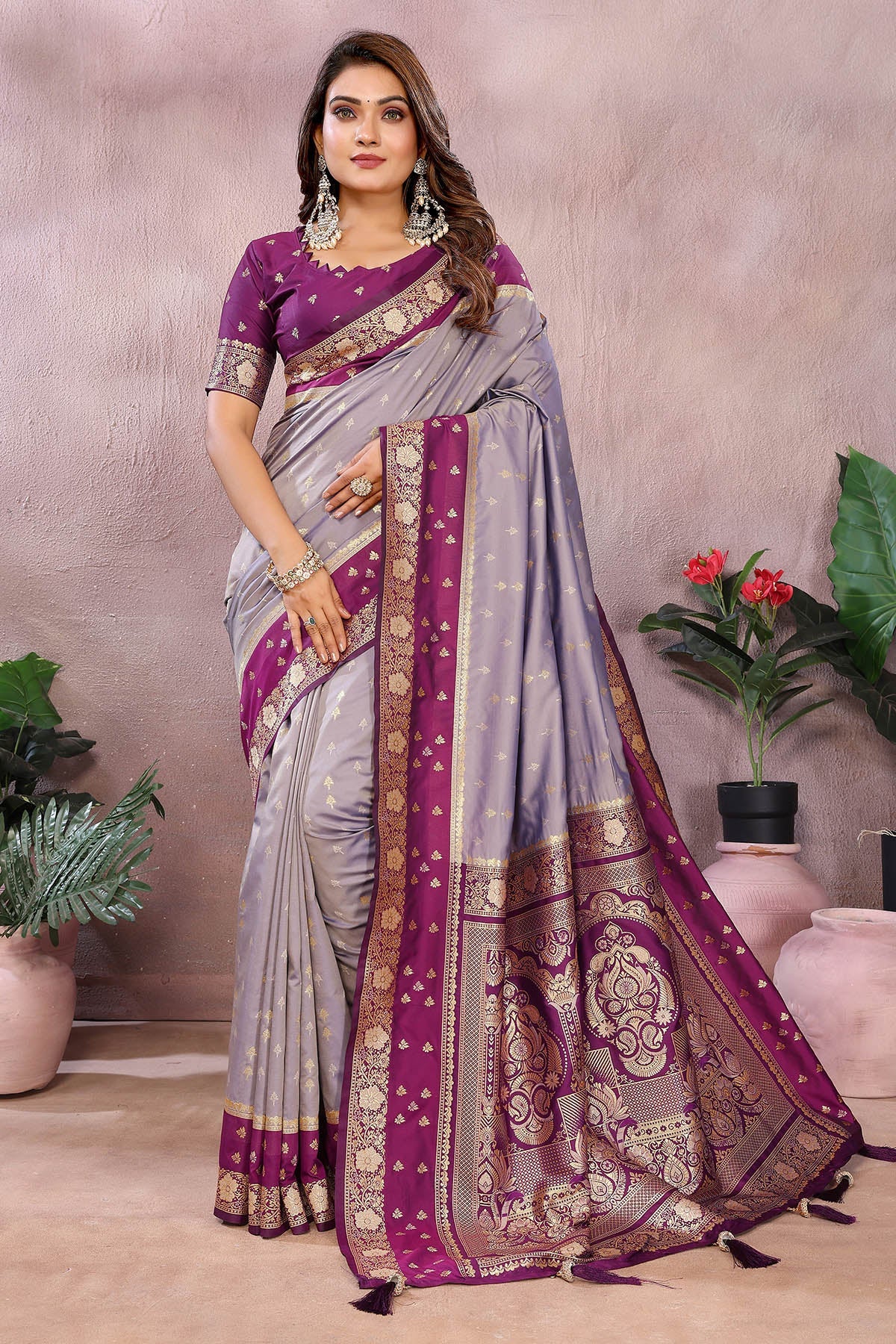Buy Grey Kalamkari Silk Woven Saree for women by Aastha Fashion online available at scrollnshops