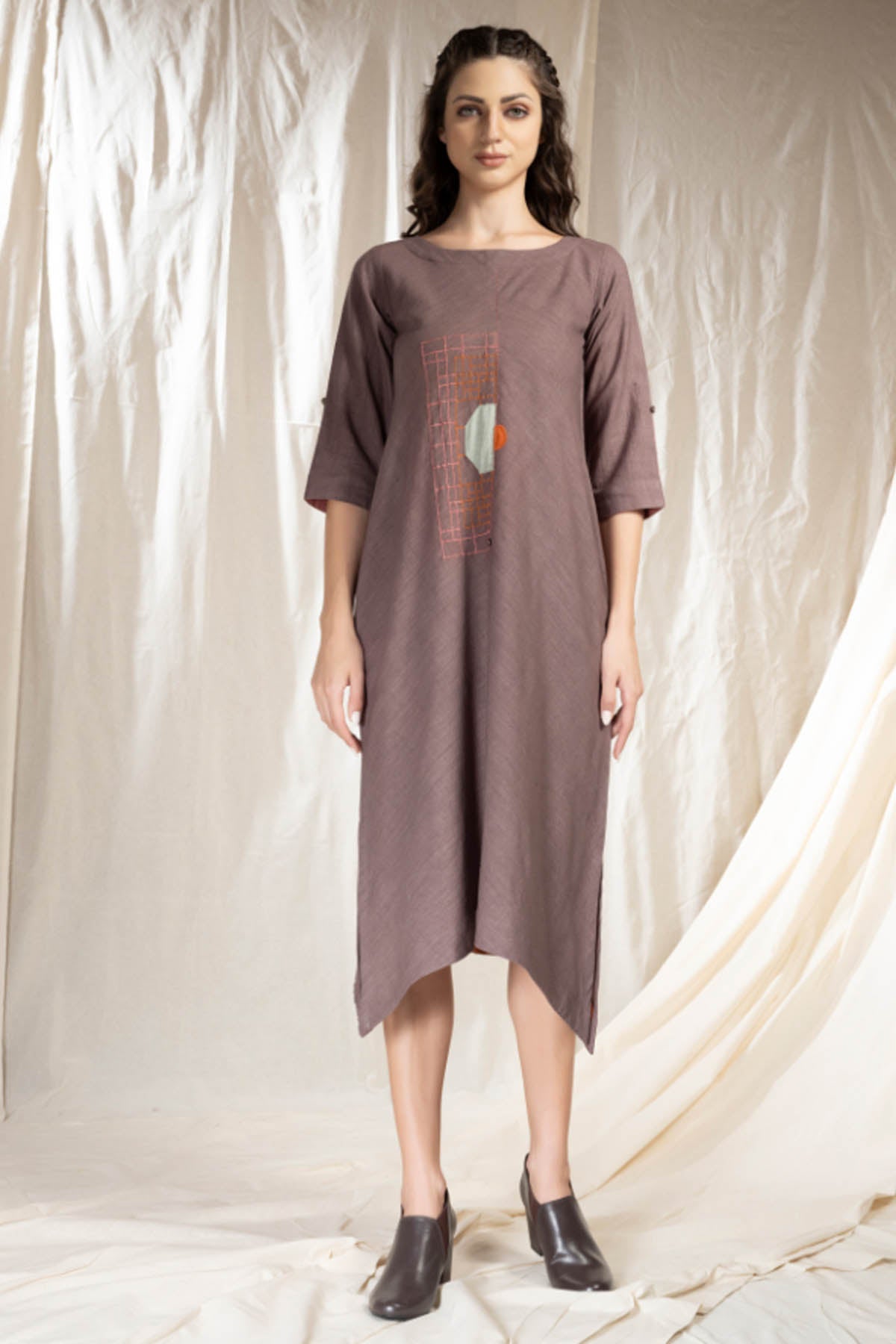 Thread Game Grey Khadi Asymmetrical Dress for women online at ScrollnShops